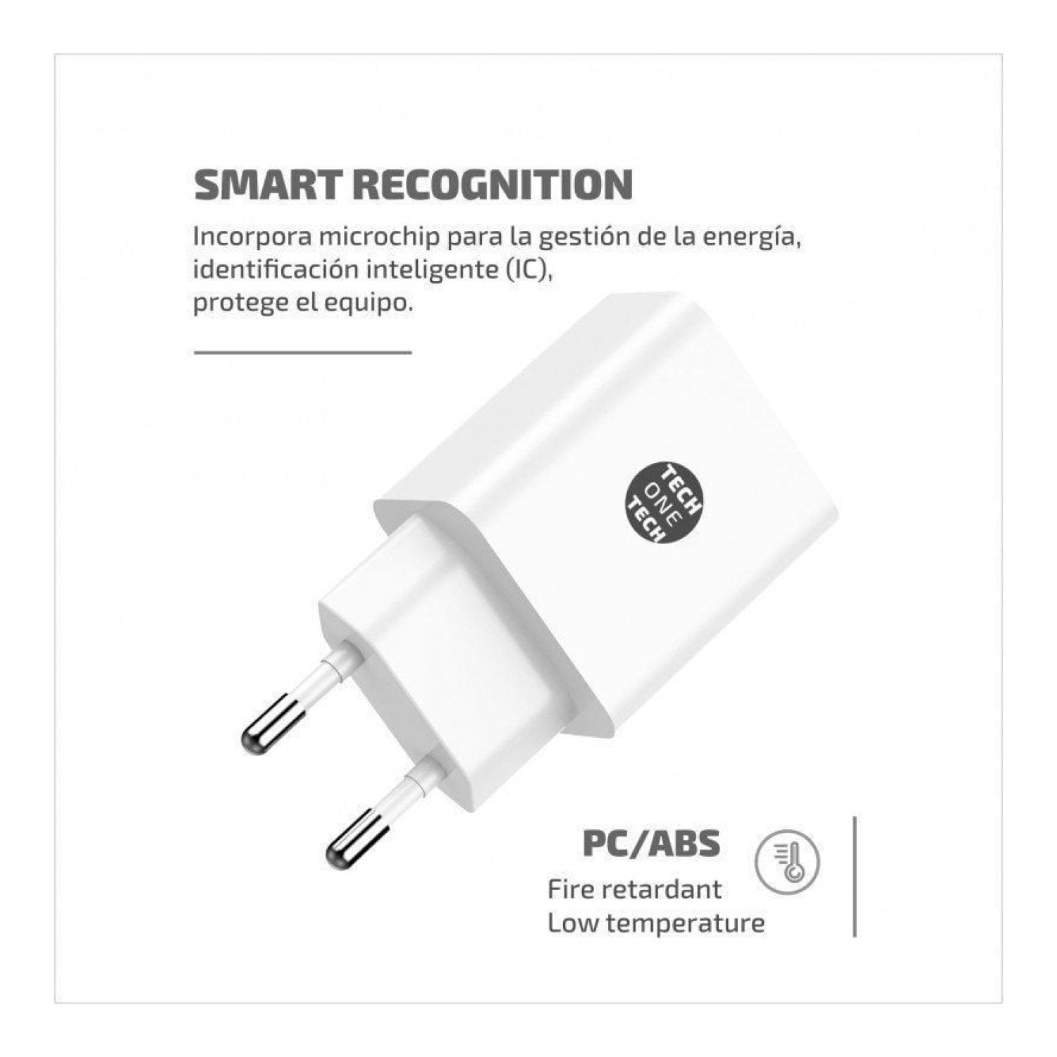Tech One Tech · Cargador Pared Dual USB · 2xUSB + USB-C · 12W · Blanco