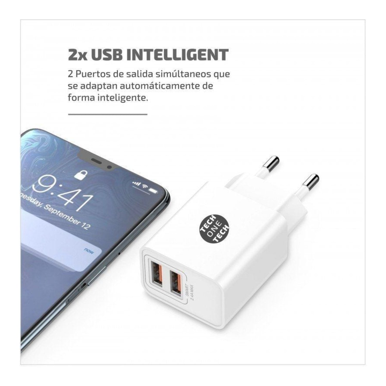 Tech One Tech · Cargador Pared Dual USB · 2xUSB + USB-C · 12W · Blanco
