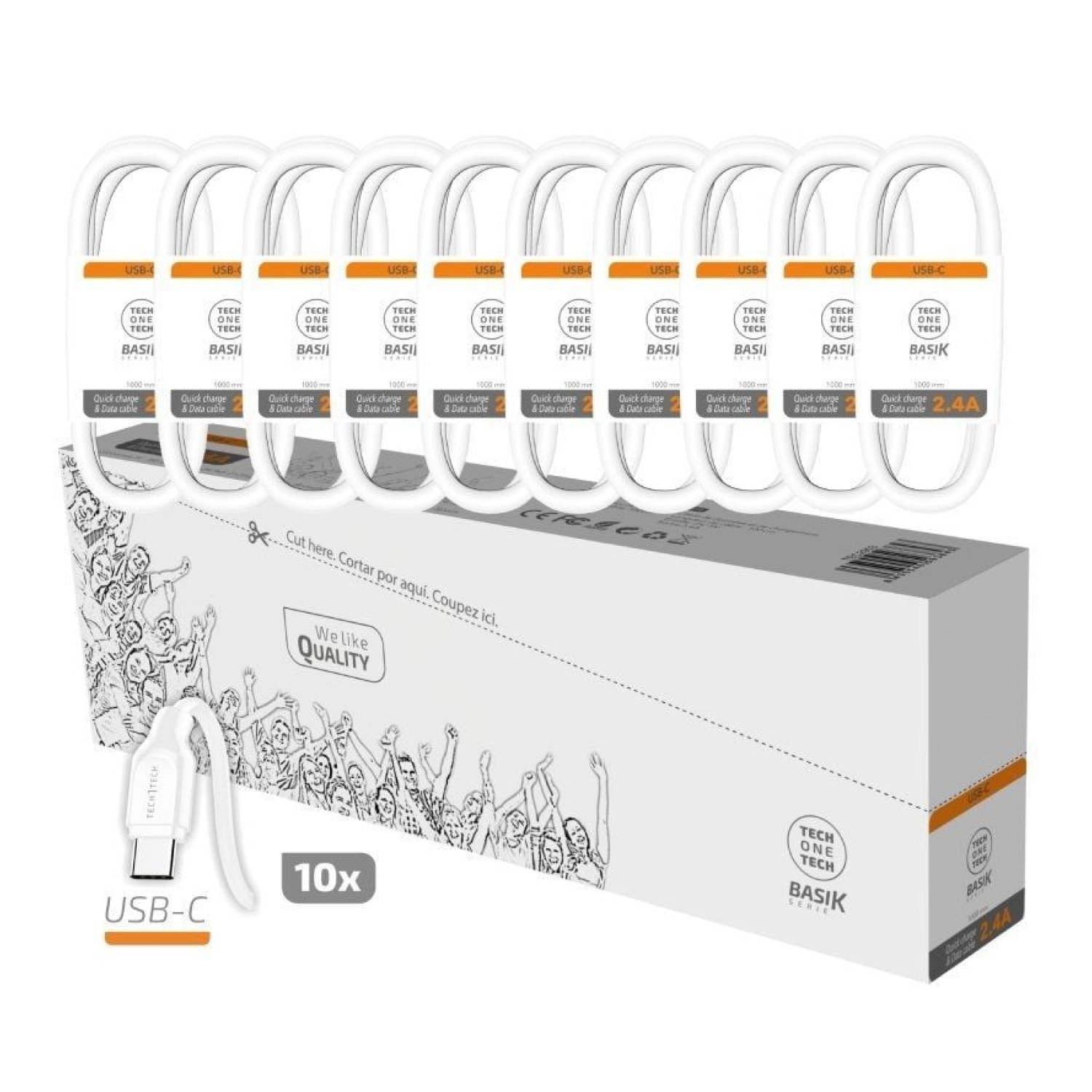 Tech One Tech Basik · Cable USB 2.0 · USB a Tipo-C · 1m · Pack 10 unidades · Blanco