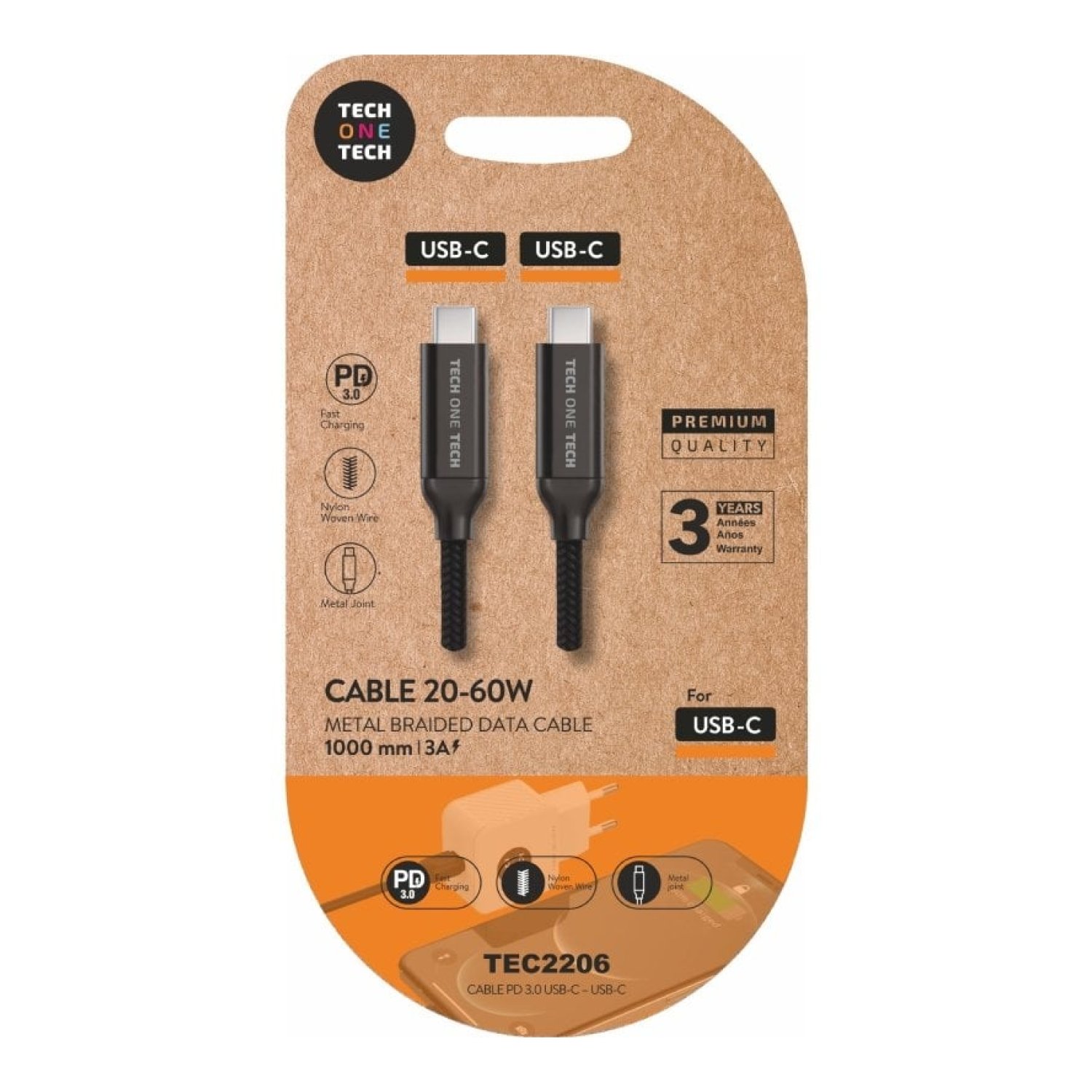 Tech One Tech · Cable USB-C a USB-C · 1m · 60W · 480Mbps · Negro