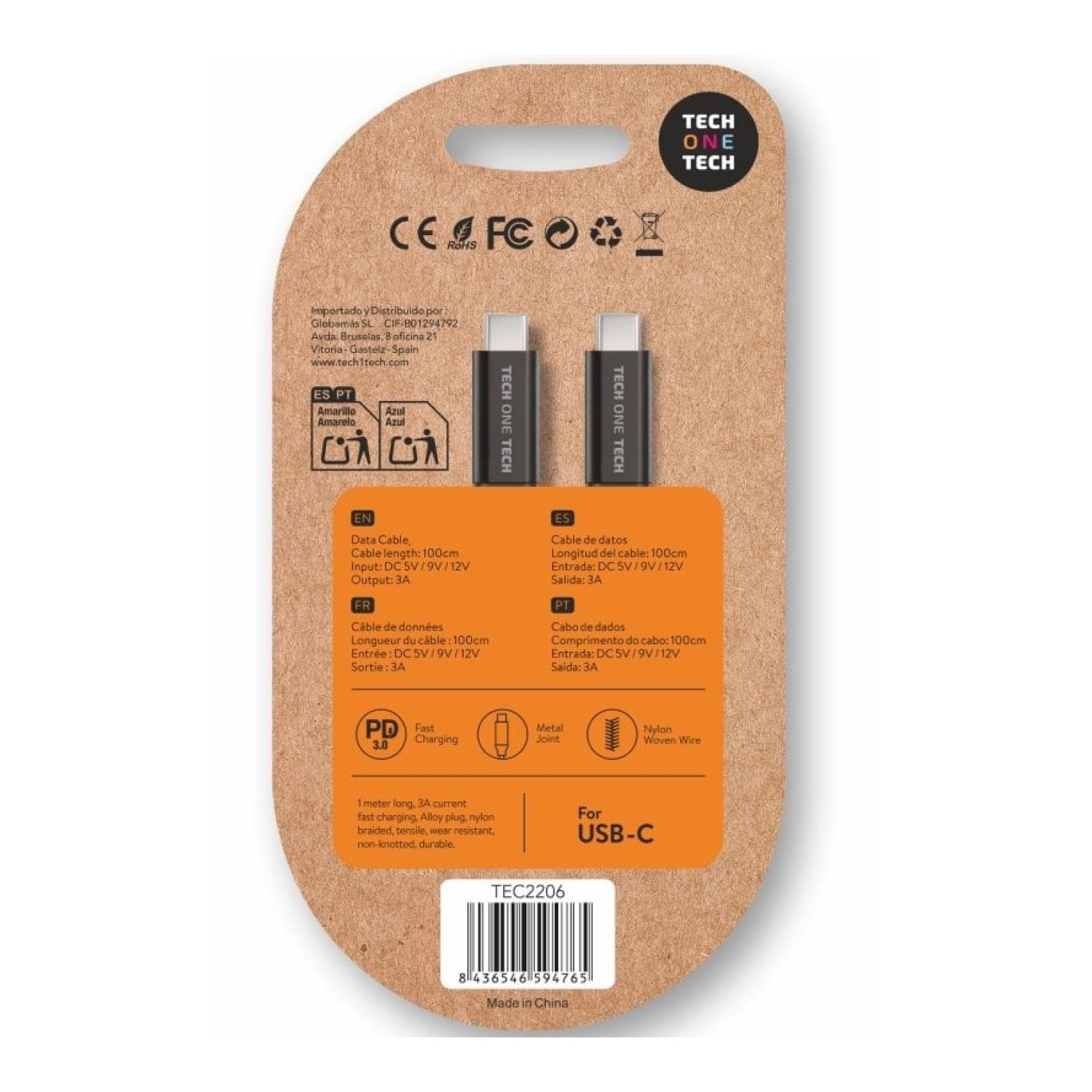 Tech One Tech · Cable USB-C a USB-C · 1m · 60W · 480Mbps · Negro