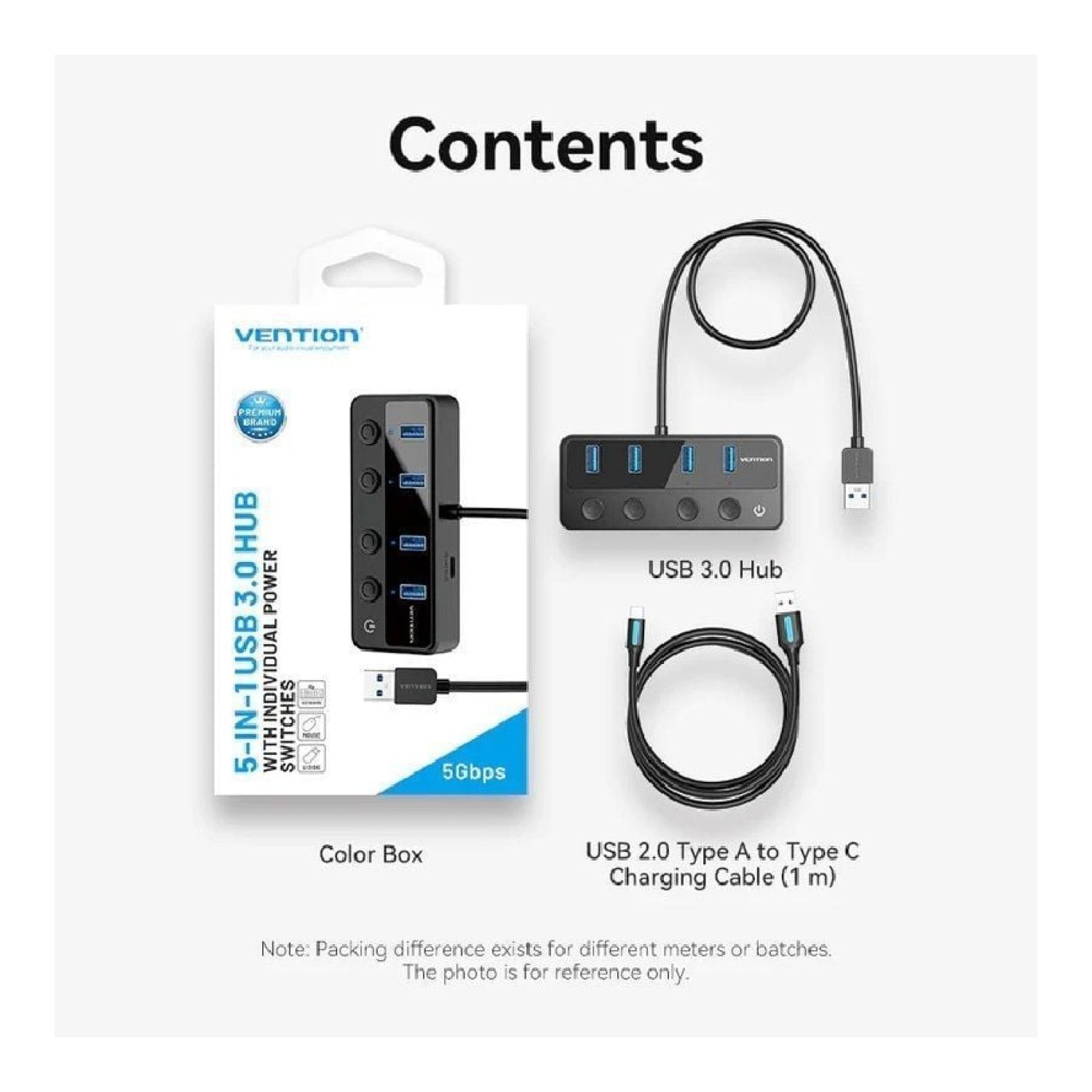 Vention Hub USB 3.0 · 4 Puertos USB + 1 USB-C PD · Incluye Cable