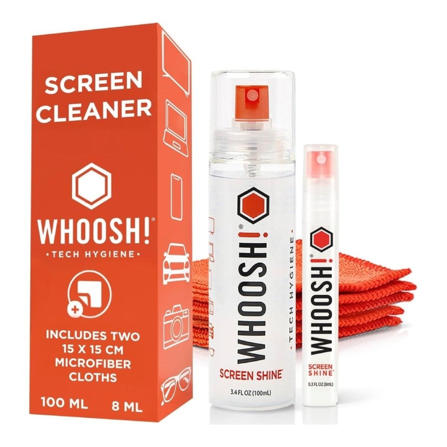 Whoosh Kit Limpiador Pantallas DUO · 100ml + 8ml · 2 Paños Microfibra