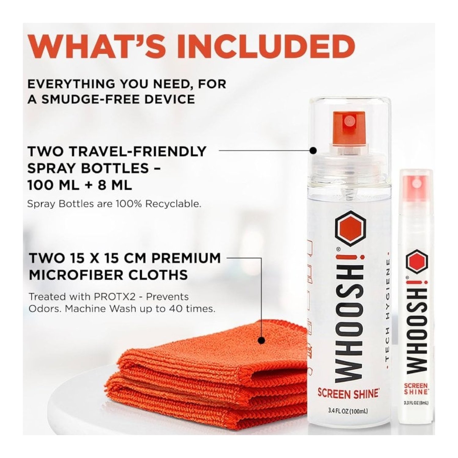 Whoosh Kit Limpiador Pantallas DUO · 100ml + 8ml · 2 Paños Microfibra