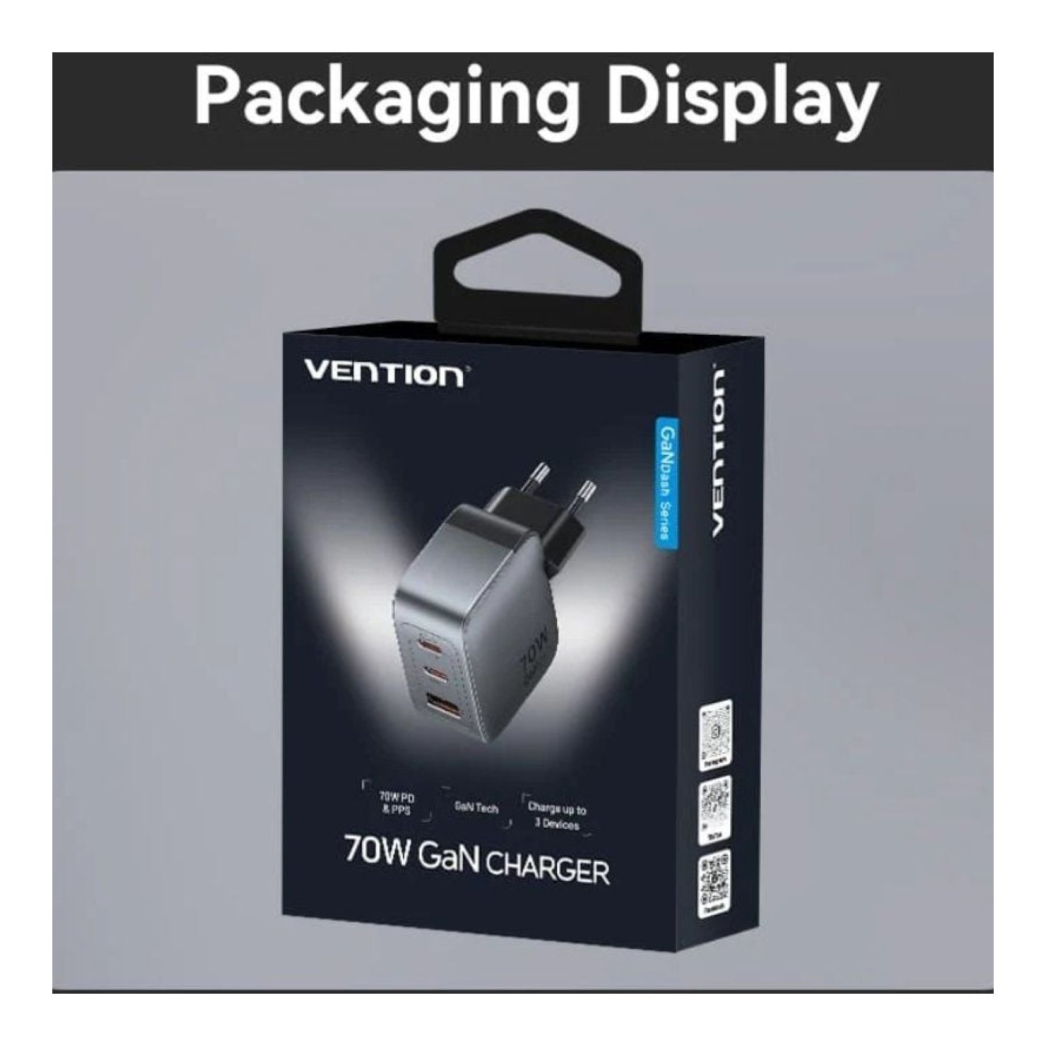 Vention Cargador GaN · 70W · 2x USB-C · 1x USB · Enchufe EU