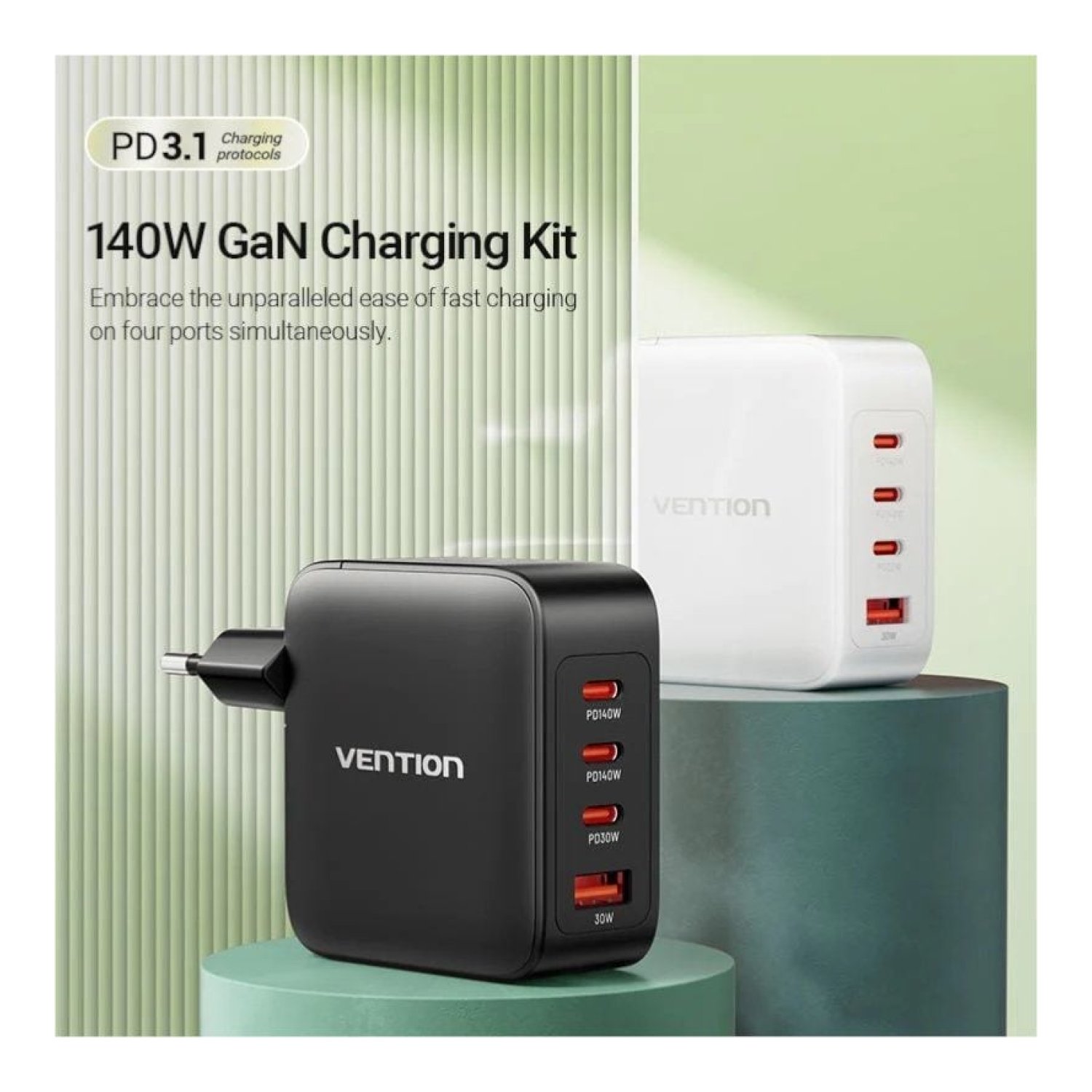 Vention Cargador GaN · 140W · 3x USB-C + 1x USB · Con Cable USB-C