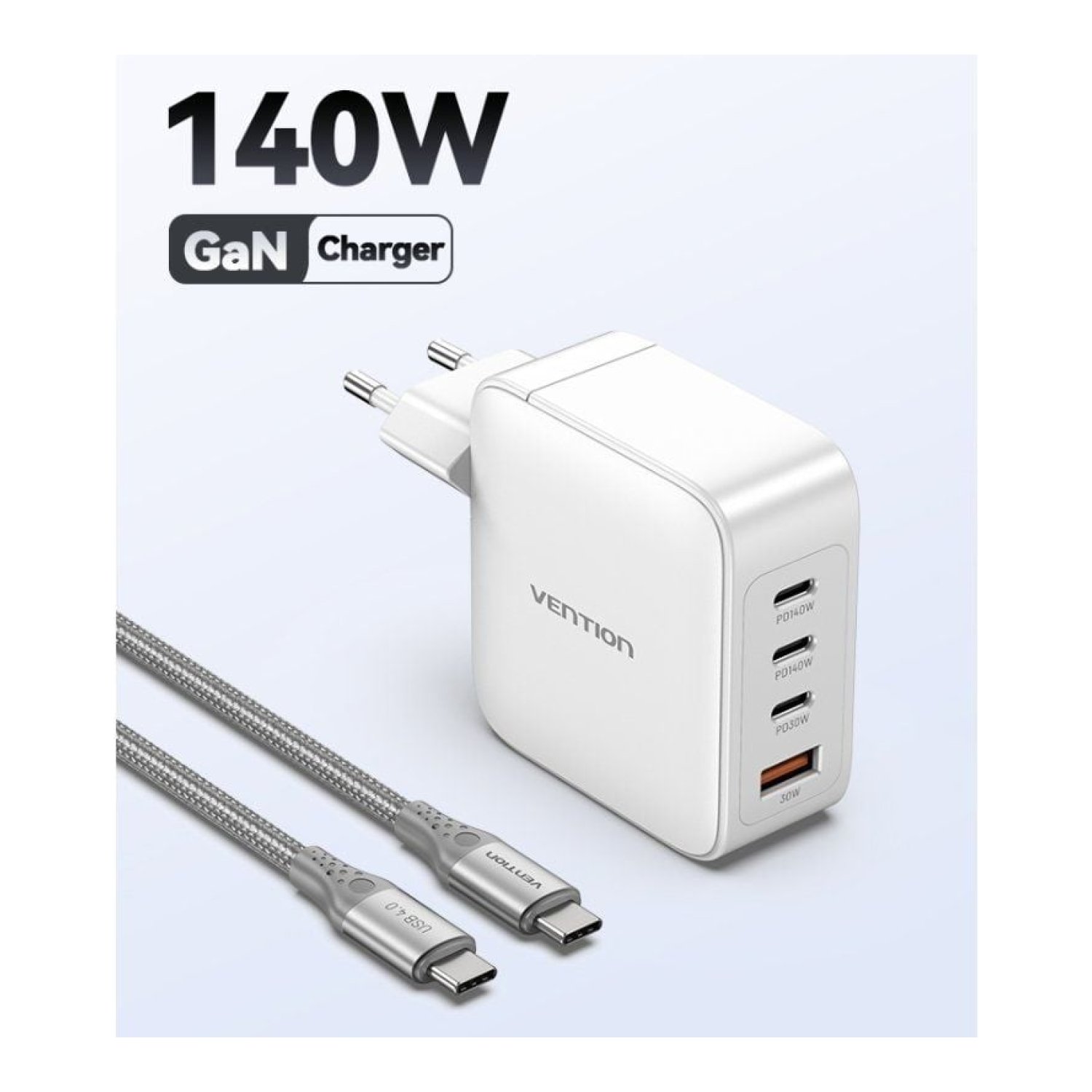 Vention Cargador GaN · 140W · 3x USB-C + 1x USB · Con Cable USB-C