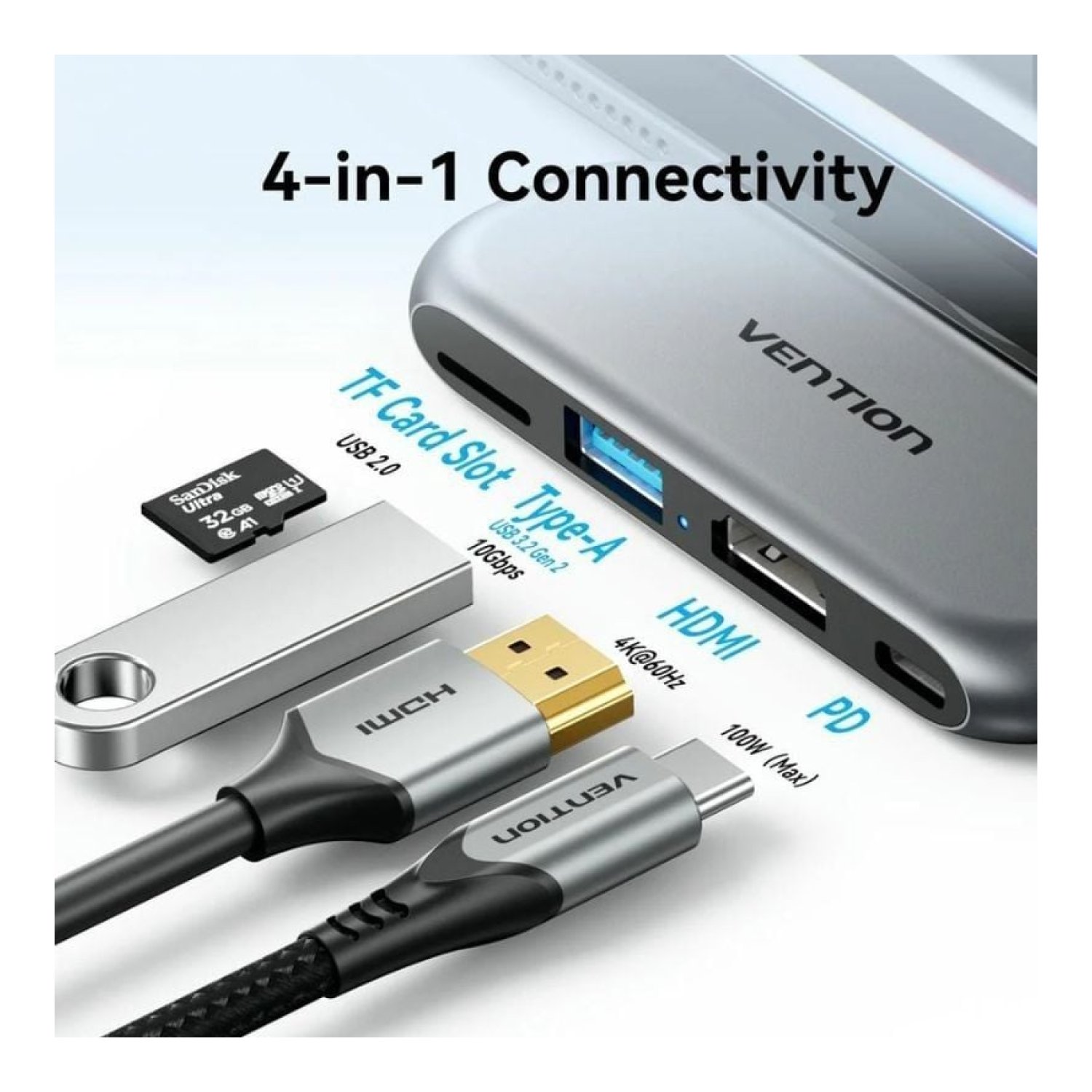 Vention Docking USB Tipo-C · 1xHDMI · 1xUSB · 1xUSB-C PD · Lector de Tarjetas · Gris