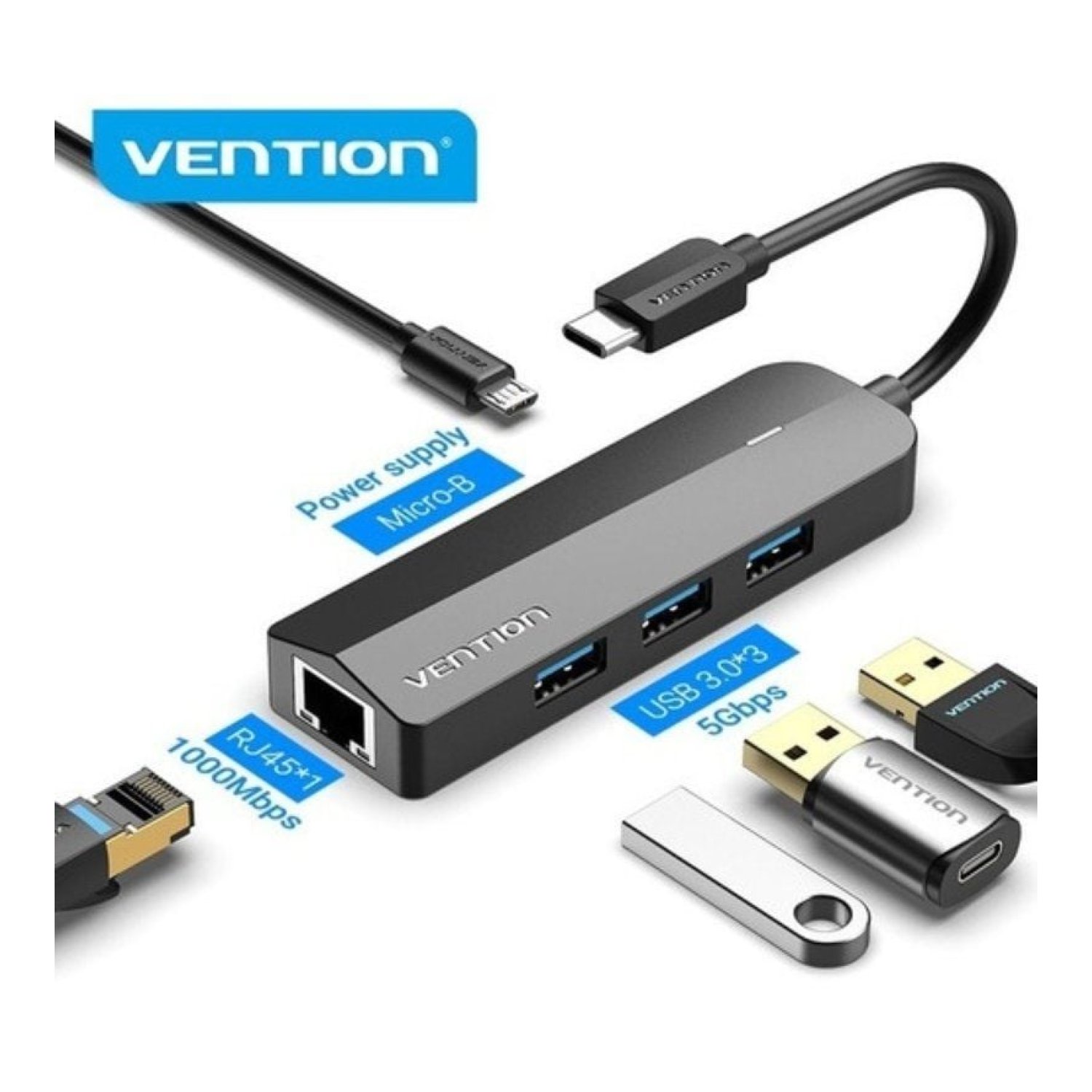 Vention Hub USB Tipo-C · 3 USB · RJ45 · Micro B · PD