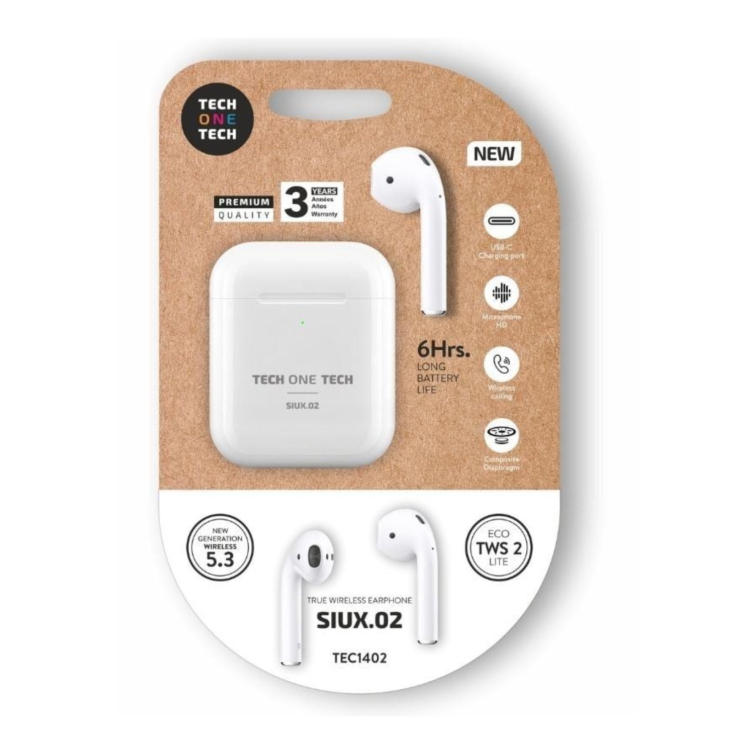 Tech One Tech Siux.02 · Auriculares Bluetooth · Estuche de Carga · 6h Autonomía · Blancos