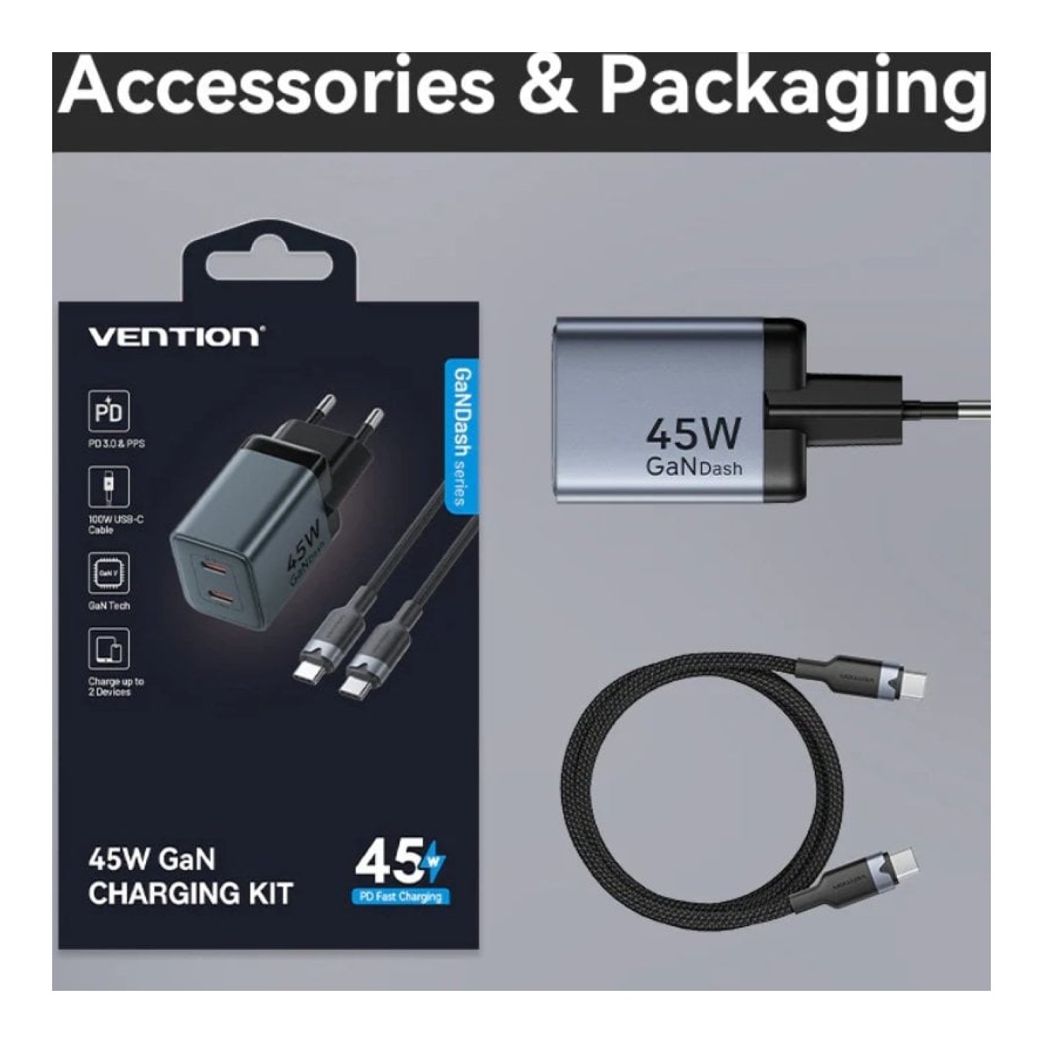 Vention Cargador GaN 45W · 2x USB-C · Cable USB-C Incluido
