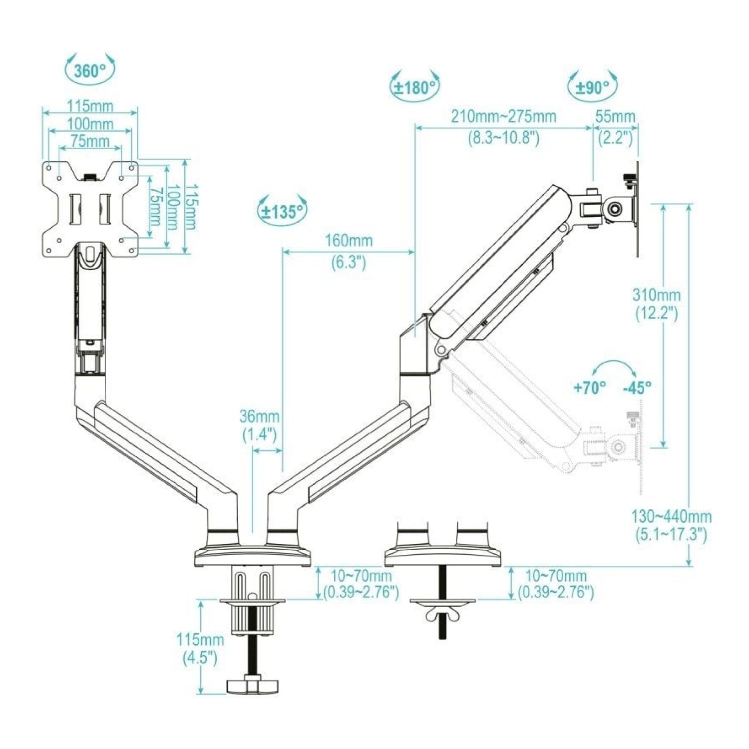 TooQ DB1434TNR · Soporte Doble Monitor · Giratorio e Inclinable · Hasta 10kg