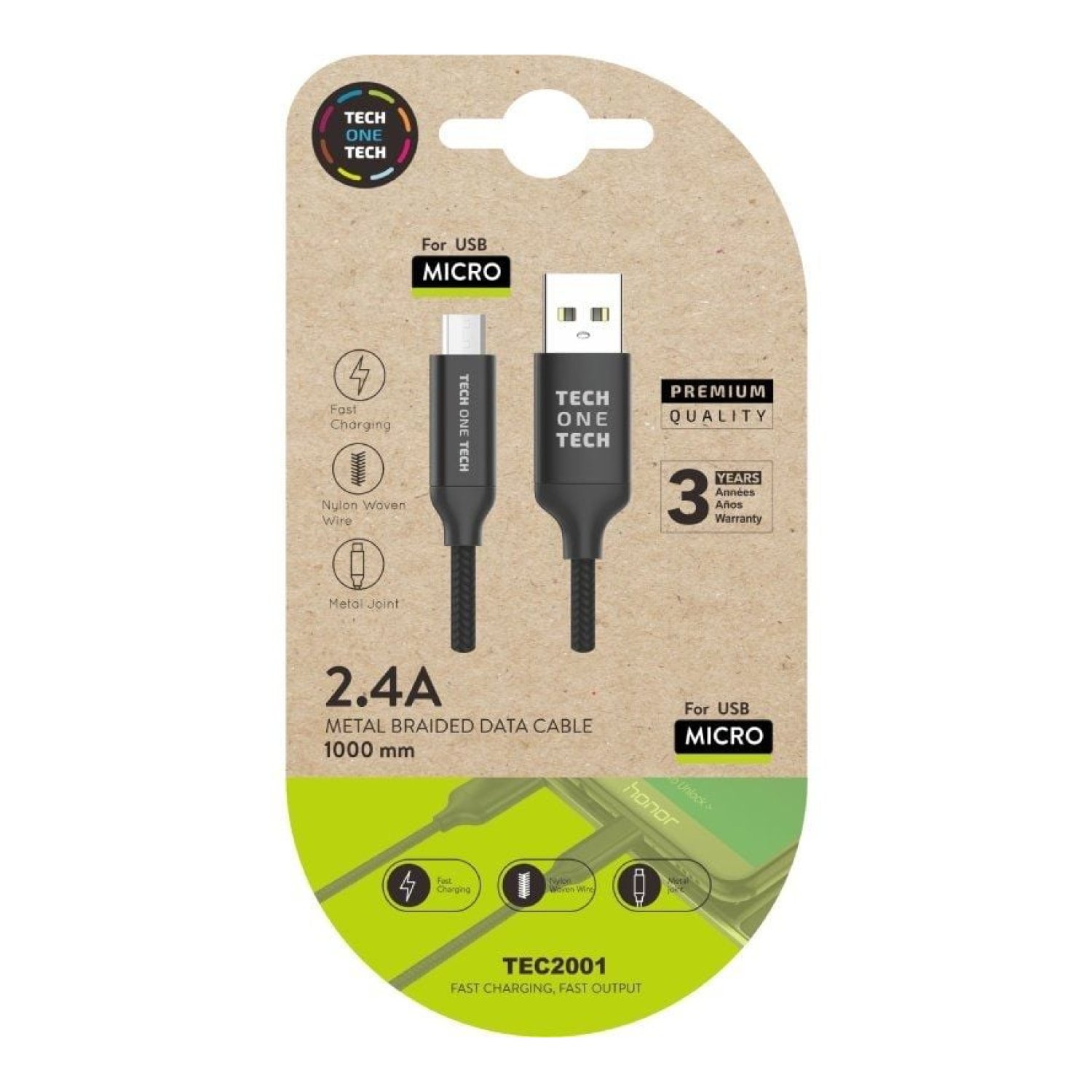 Tech One Tech · Cable USB 2.0 · Micro USB · 1m · Negro