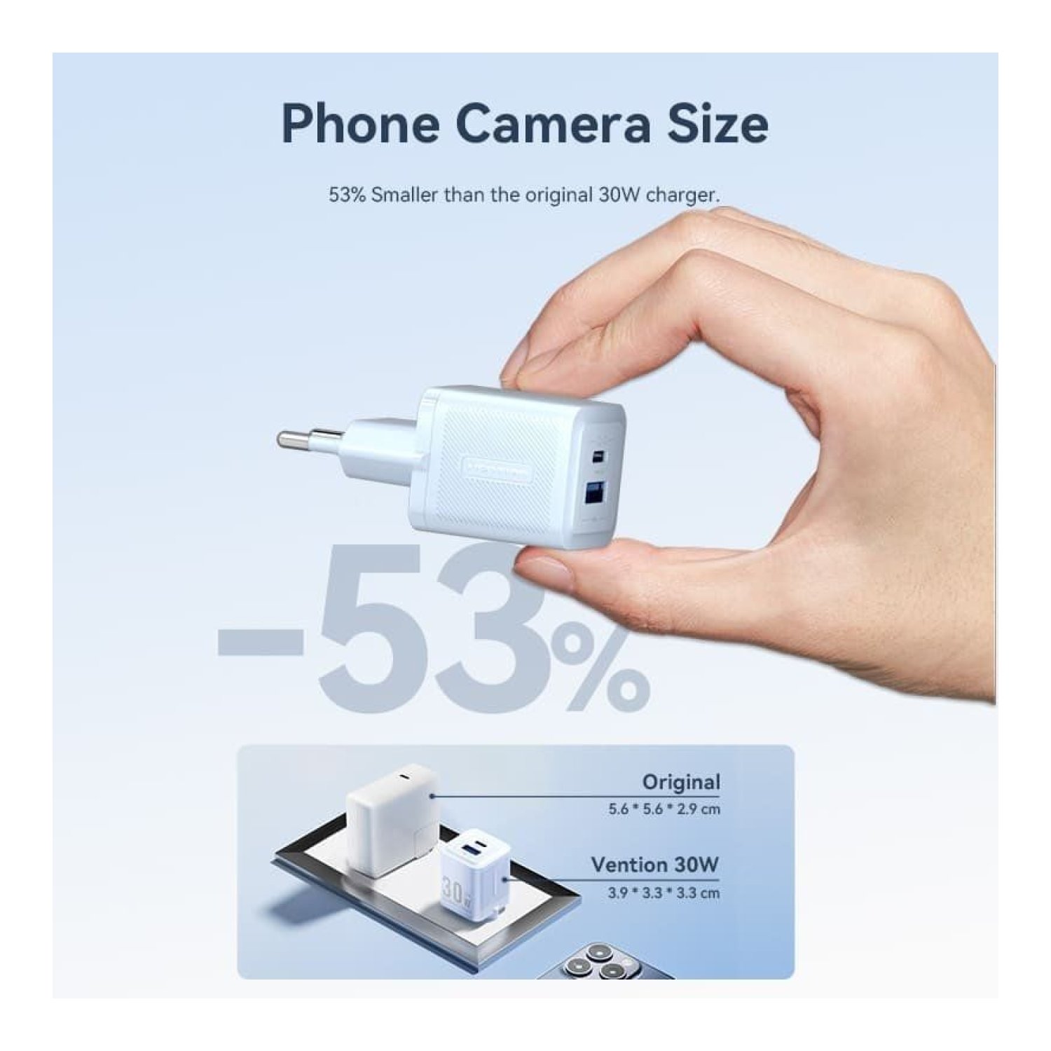 Vention Cargador GaN · 30W · 1x USB-C + 1x USB · EU