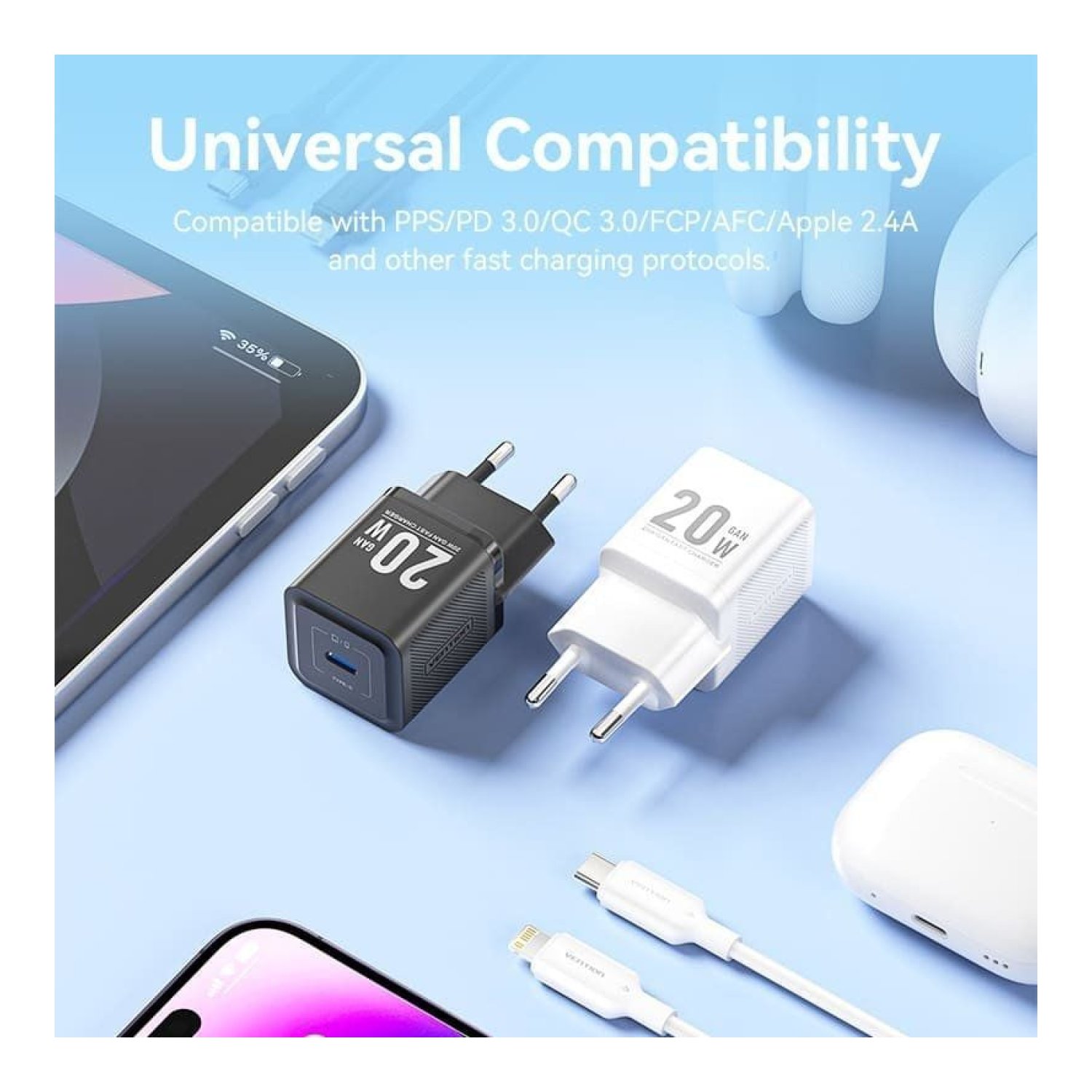 Vention Cargador GaN · USB-C · 20W · Cable Lightning incluido