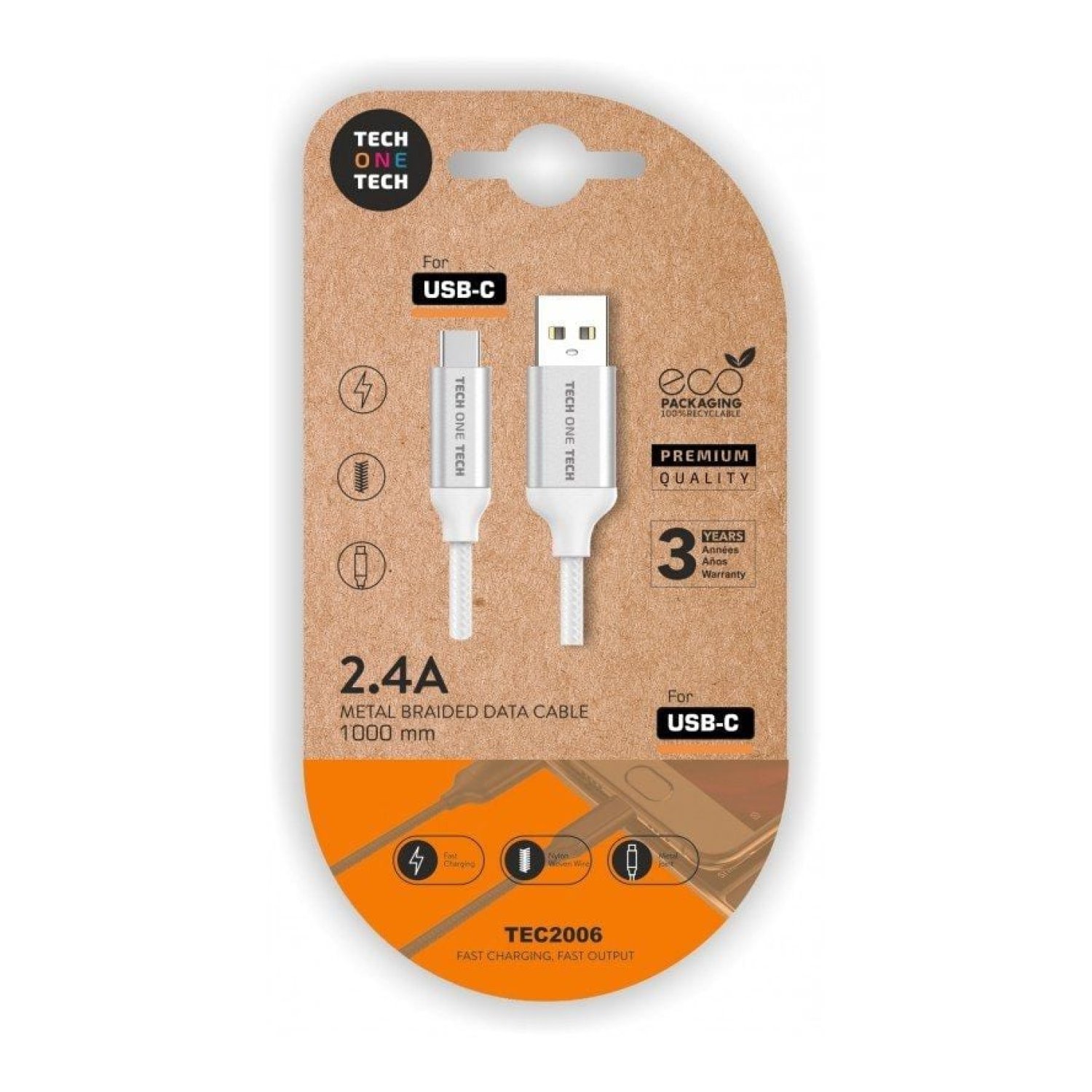 Tech One Tech Cable USB 2.0 · USB Tipo-C a USB Macho · 480Mbps · 1m · Blanco