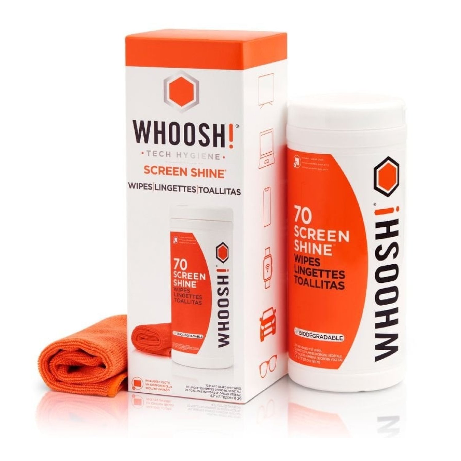 Whoosh WSH006 · Kit Limpieza Pantallas · 70 Toallitas + Paño Microfibra