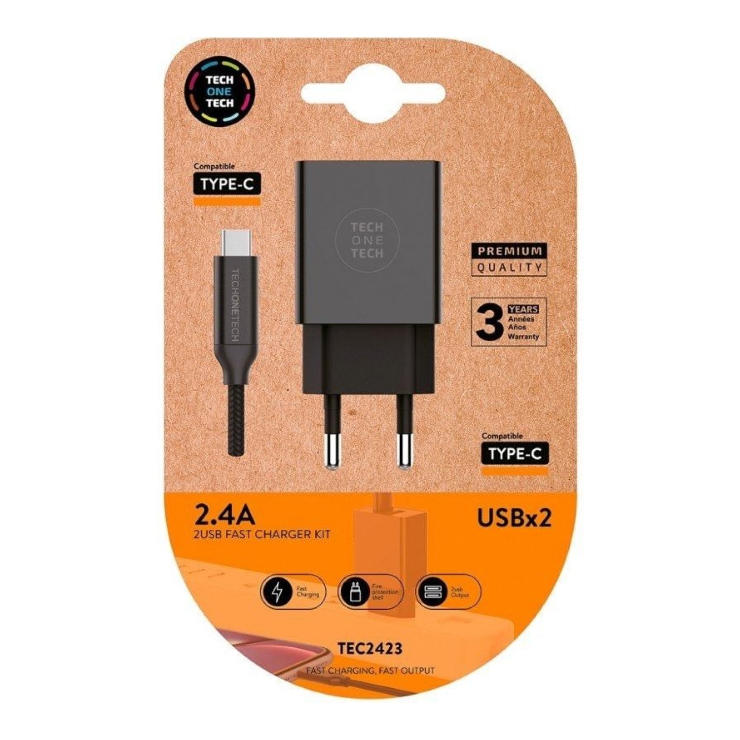 Tech One Tech · Cargador de Pared · 2x USB + Cable USB Tipo-C · 12W · Negro