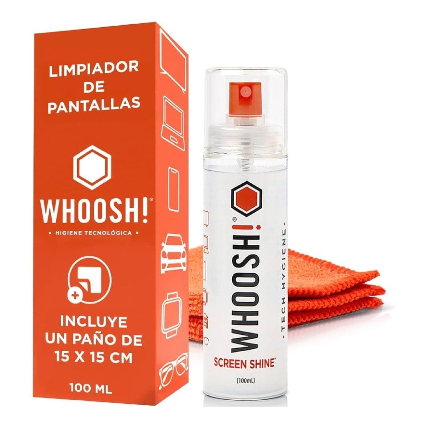 Whoosh Kit GO XL · Limpiador Pantallas · Spray 100ml + Paño Microfibra