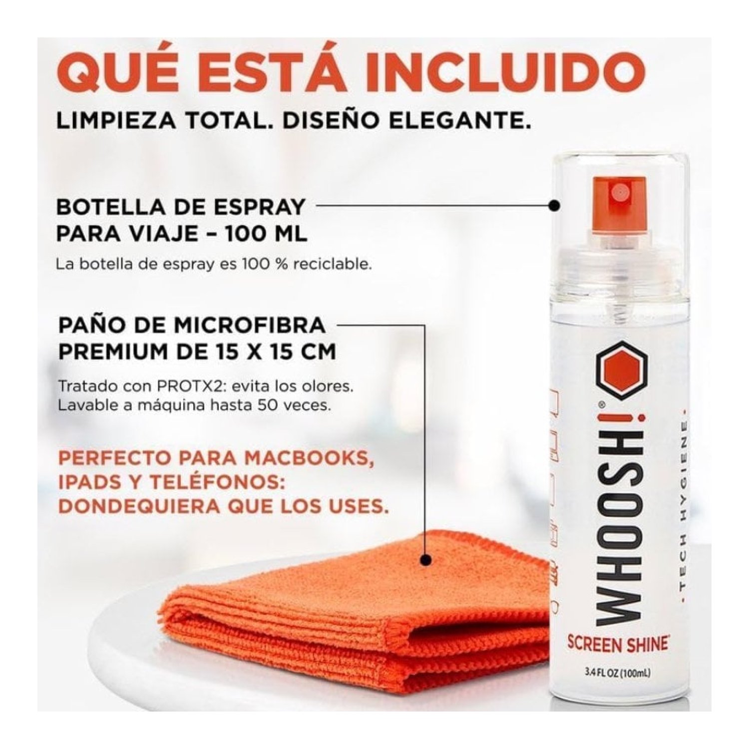 Whoosh Kit GO XL · Limpiador Pantallas · Spray 100ml + Paño Microfibra