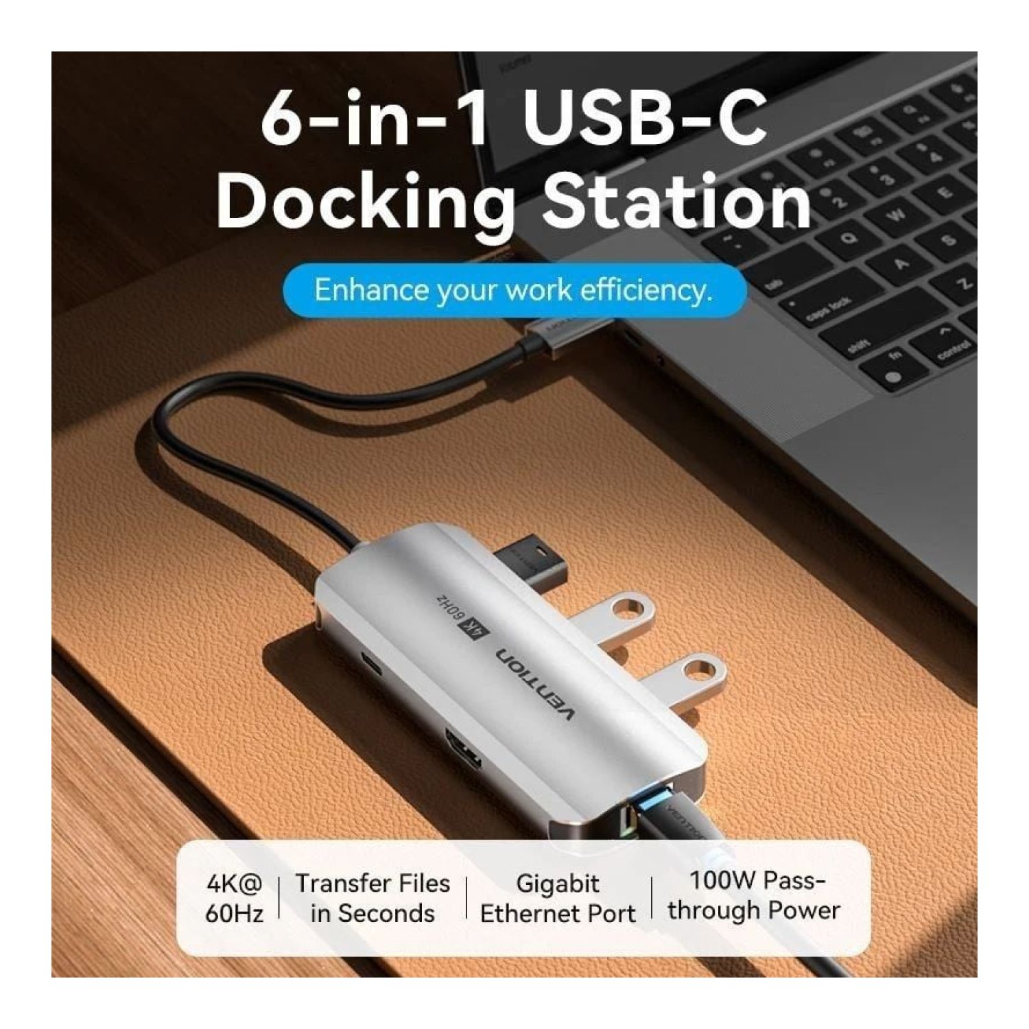 Vention Docking USB Tipo-C · HDMI 4K · 3xUSB · USB-C PD · RJ45 · Gris
