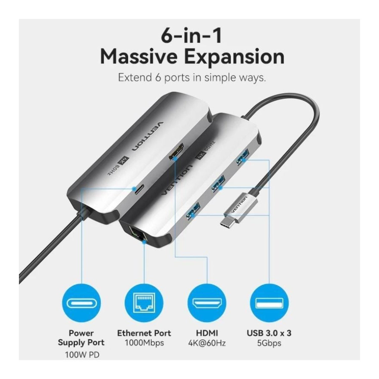 Vention Docking USB Tipo-C · HDMI 4K · 3xUSB · USB-C PD · RJ45 · Gris