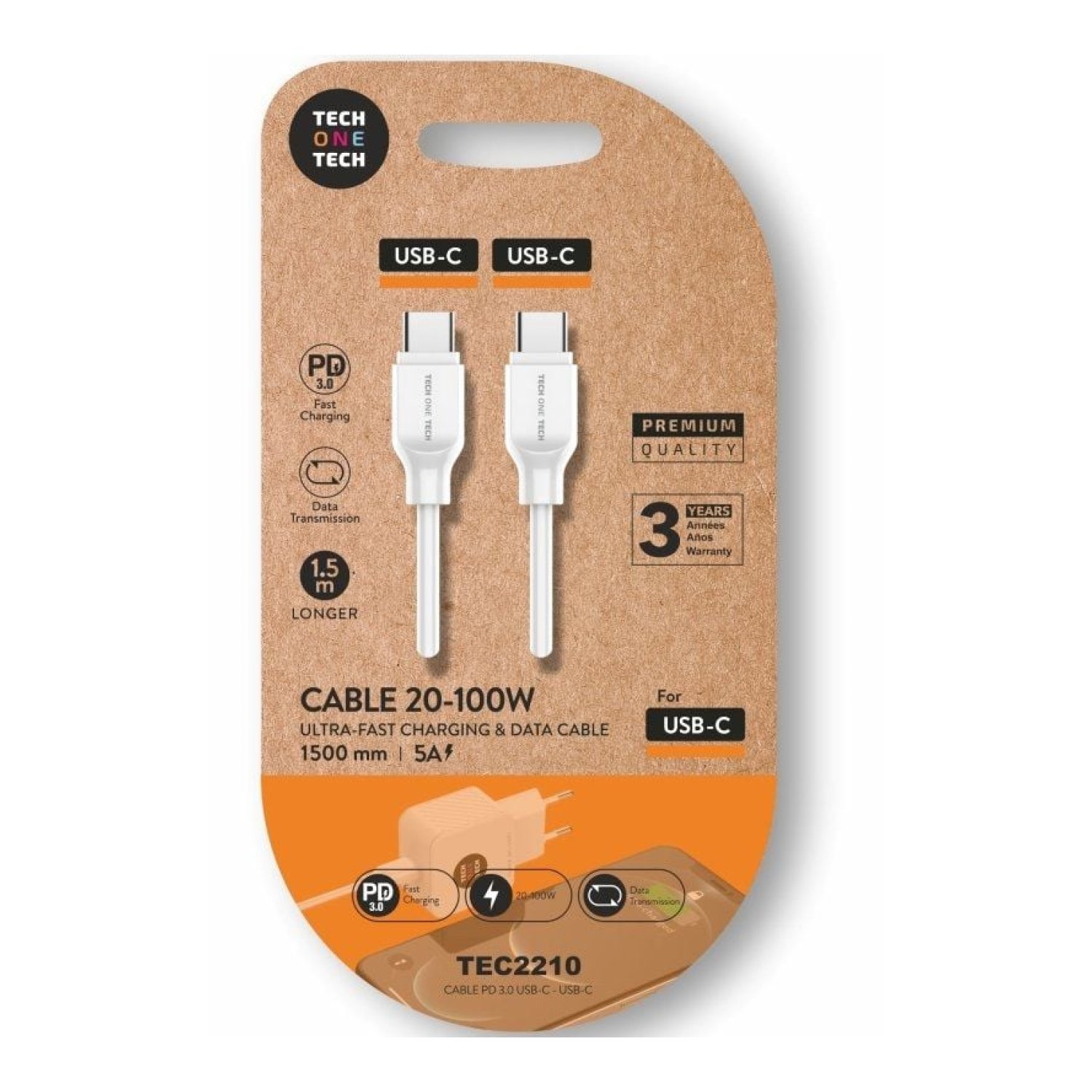 Tech One Tech · Cable USB Tipo-C · 100W · 480Mbps · 1,5m · Blanco