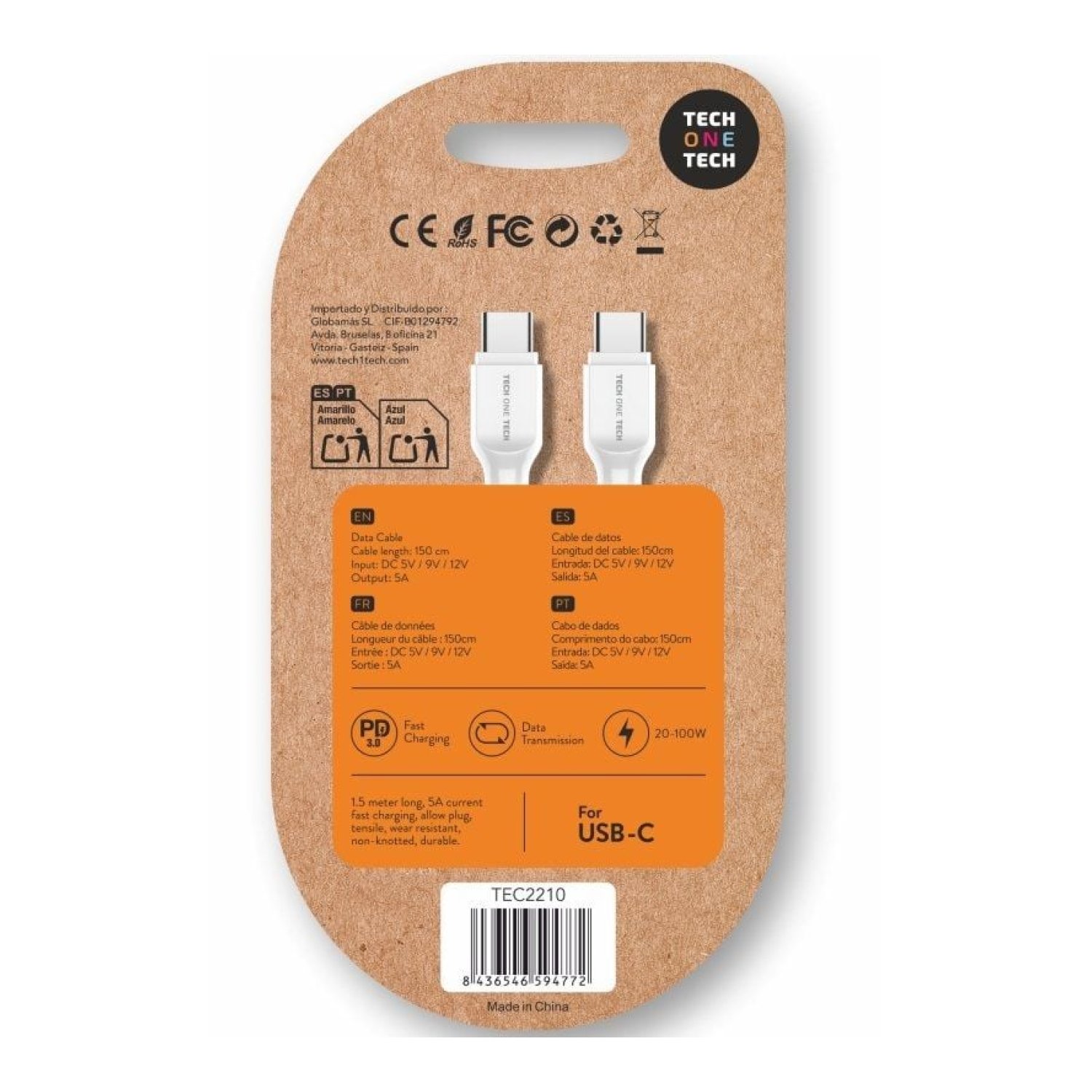 Tech One Tech · Cable USB Tipo-C · 100W · 480Mbps · 1,5m · Blanco