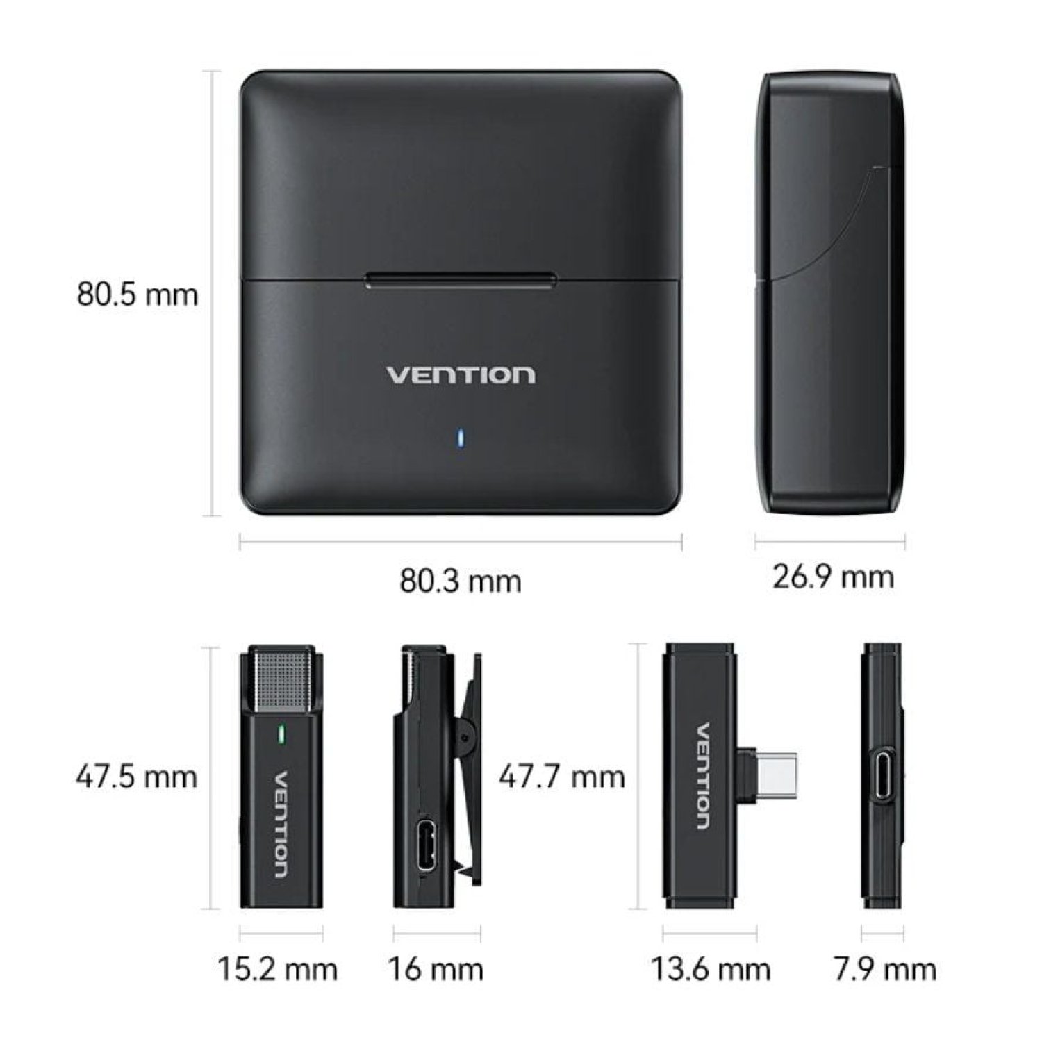 Vention · Micrófono Inalámbrico · USB Tipo-C · Pack 2 Unidades con Receptor y Clip