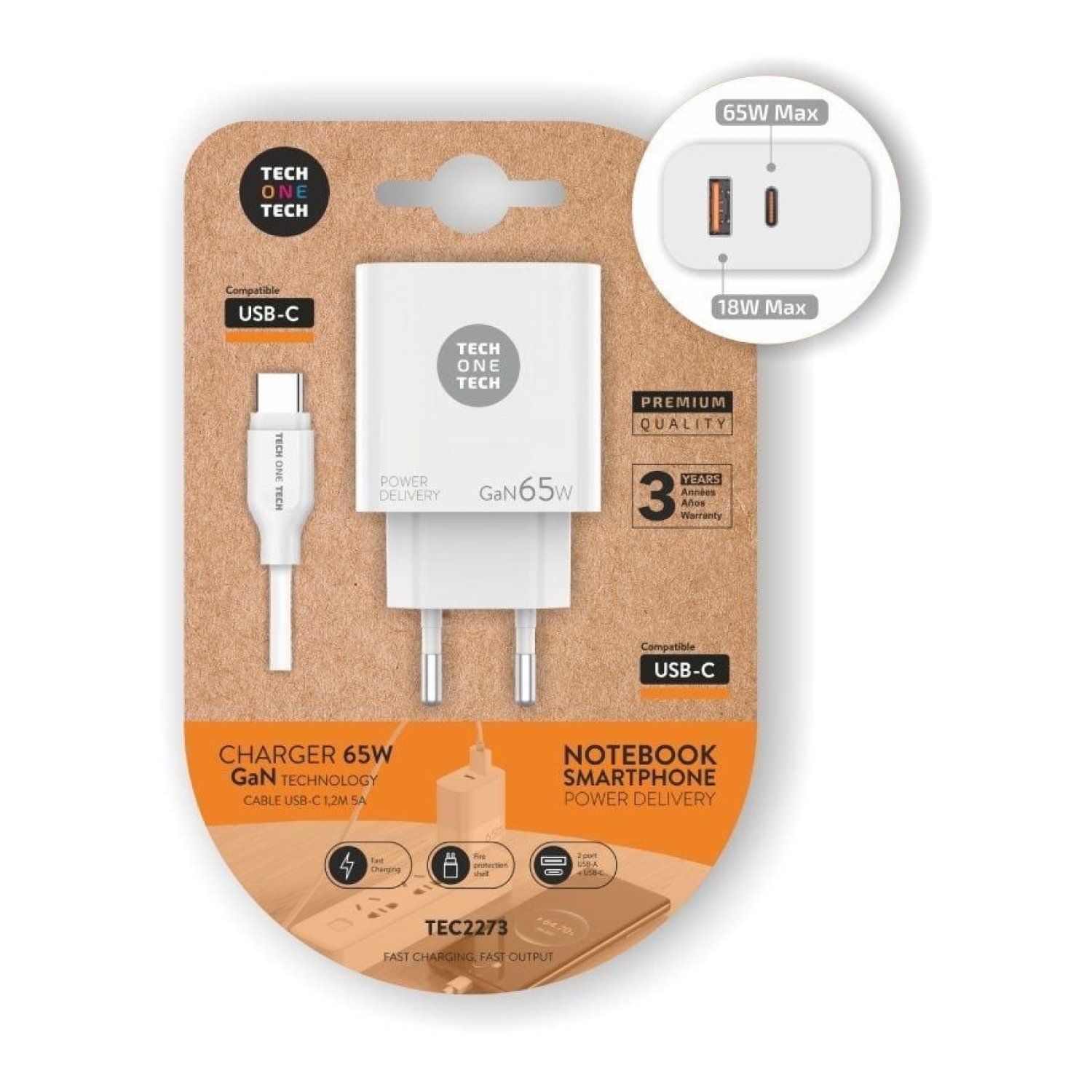 Tech One Tech Cargador GaN · 65W · USB-C + USB · PD