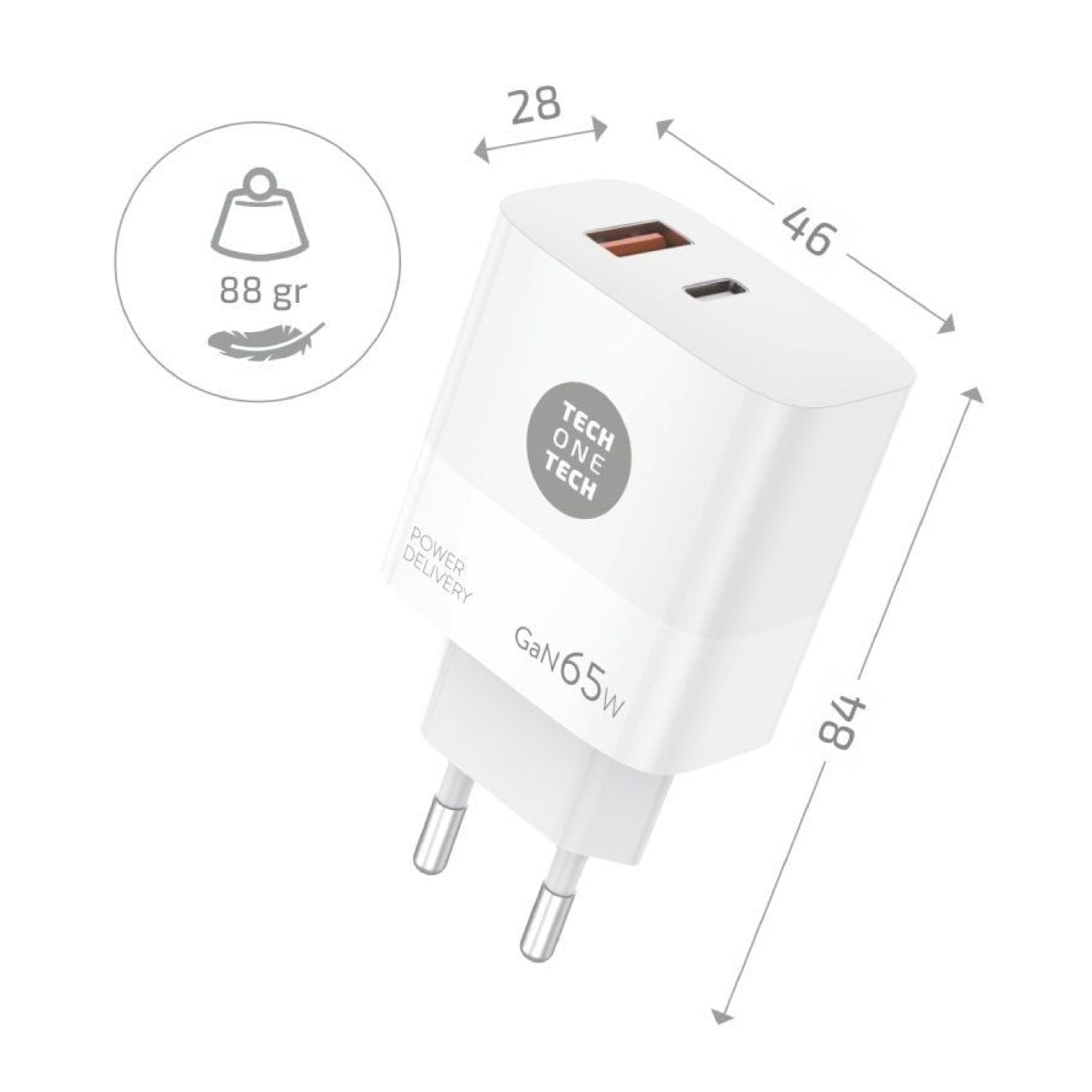 Tech One Tech Cargador GaN · 65W · USB-C + USB · PD