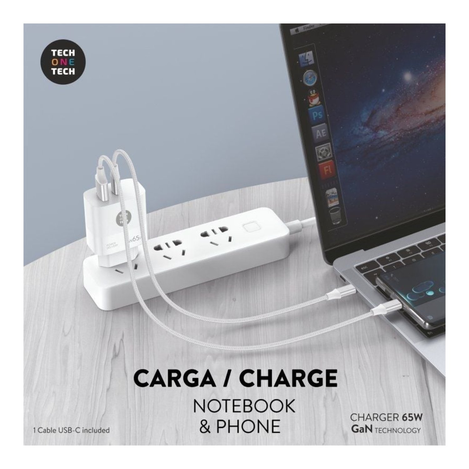 Tech One Tech Cargador GaN · 65W · USB-C + USB · PD