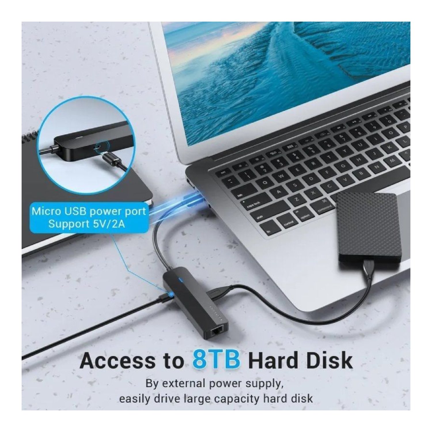 Vention Hub USB 2.0 · 3xUSB · 1xMicro USB PD · 1xRJ45