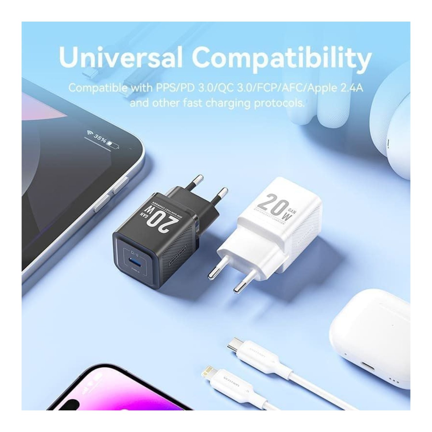 Vention Cargador GaN · 20W · USB-C · Cable Lightning incluido