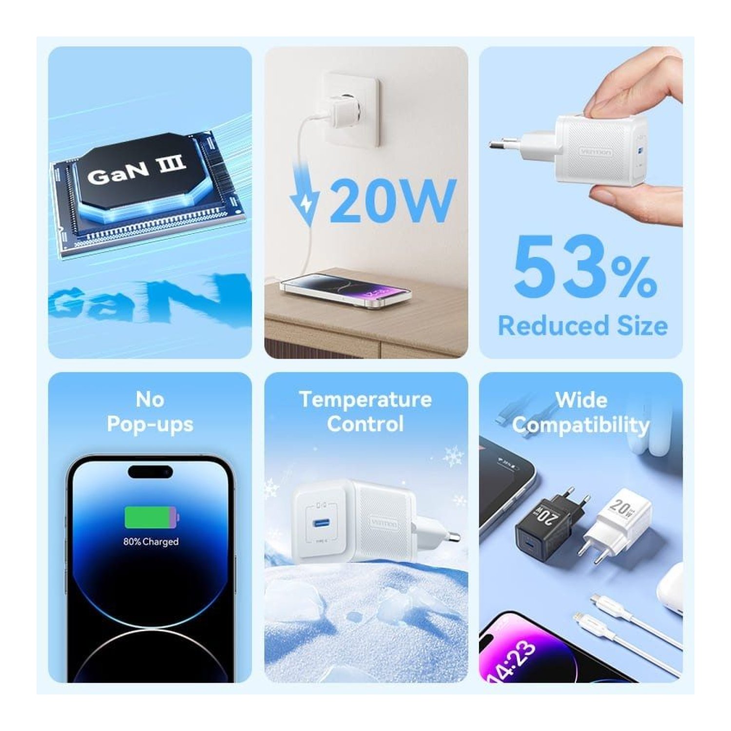Vention Cargador GaN · 20W · USB-C · Cable Lightning incluido