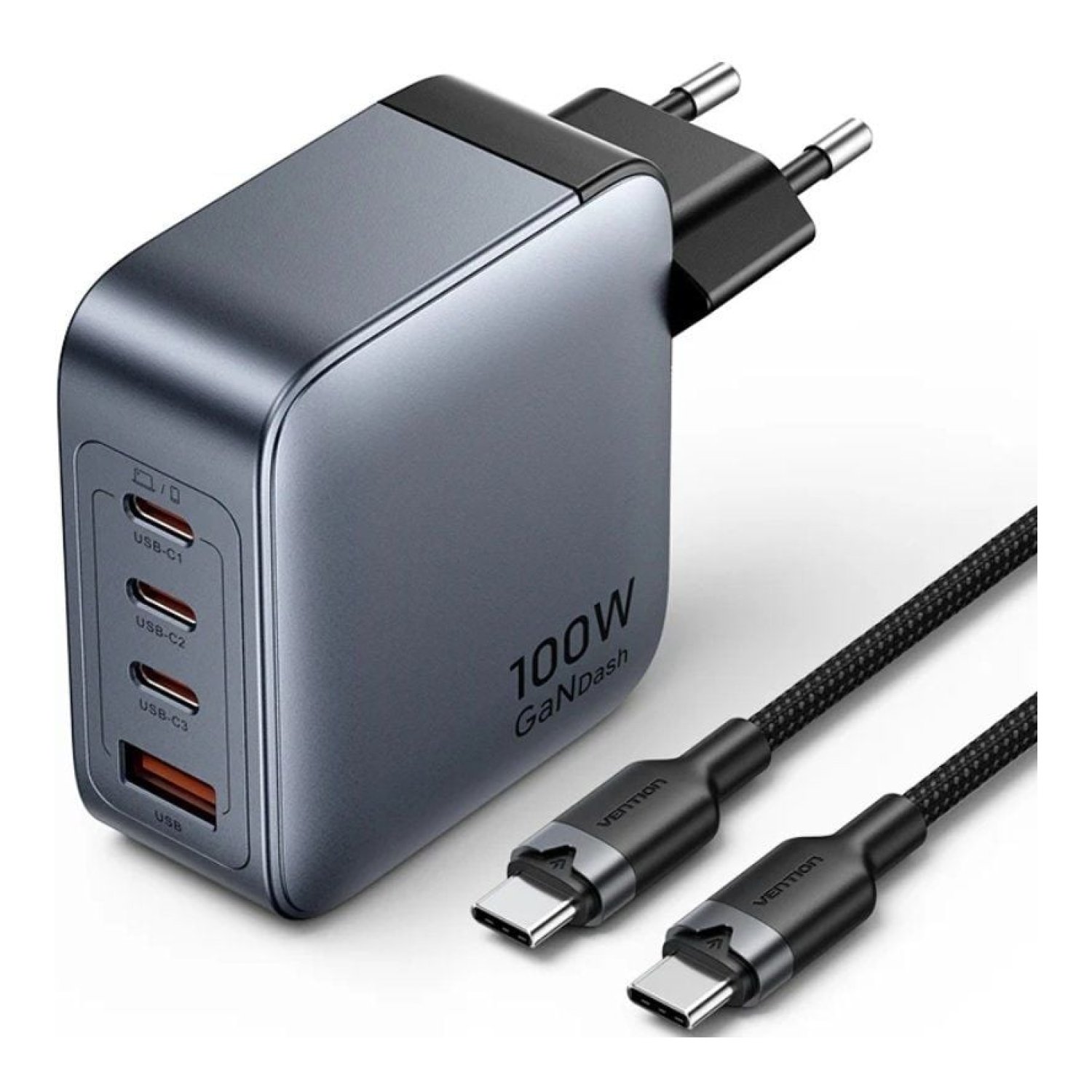 Vention Cargador GaN · 100W · 3x USB-C + 1x USB · Carga Rápida