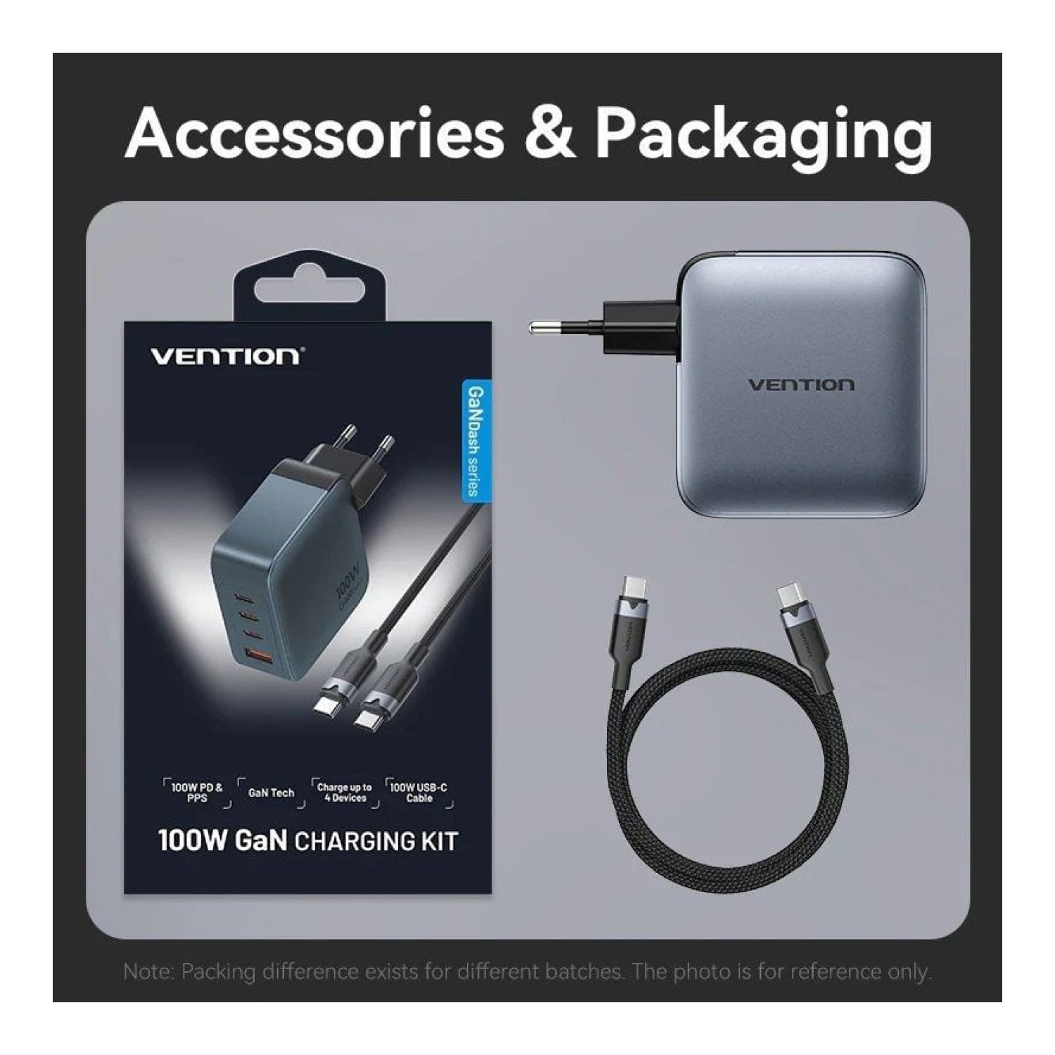 Vention Cargador GaN · 100W · 3x USB-C + 1x USB · Carga Rápida