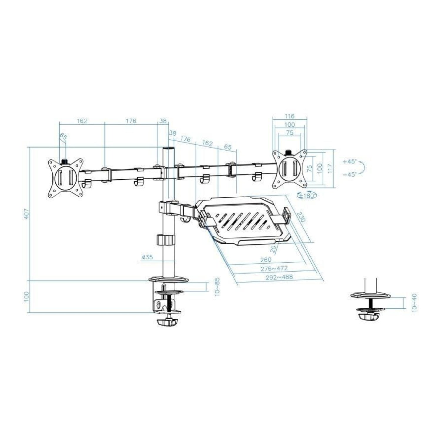 TooQ DB1202TN · Soporte Doble Monitor + Portátil · Giratorio · Inclinable · 9kg