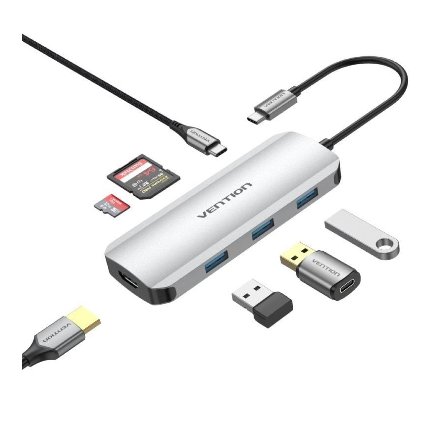 Vention Docking USB Tipo-C · HDMI 4K · 3xUSB · Lector Tarjetas · Gris