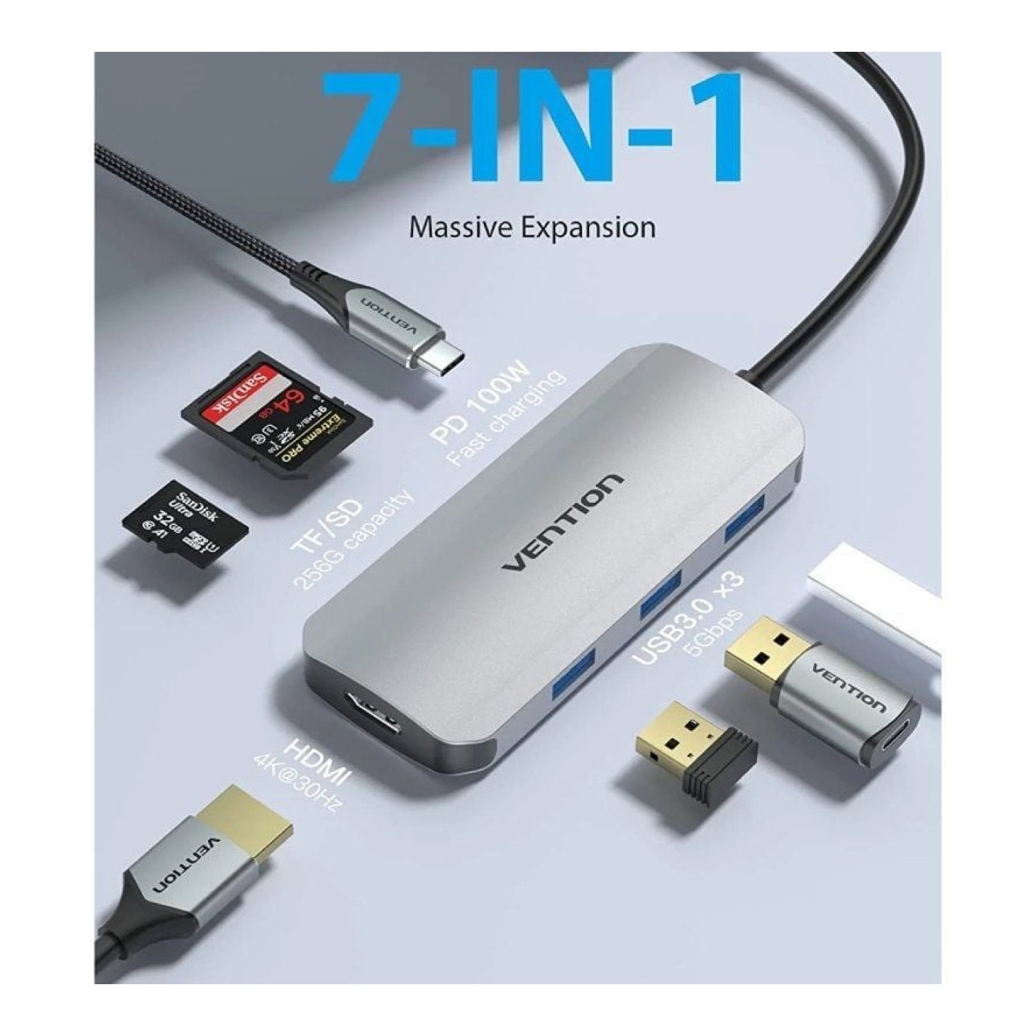 Vention Docking USB Tipo-C · HDMI 4K · 3xUSB · Lector Tarjetas · Gris