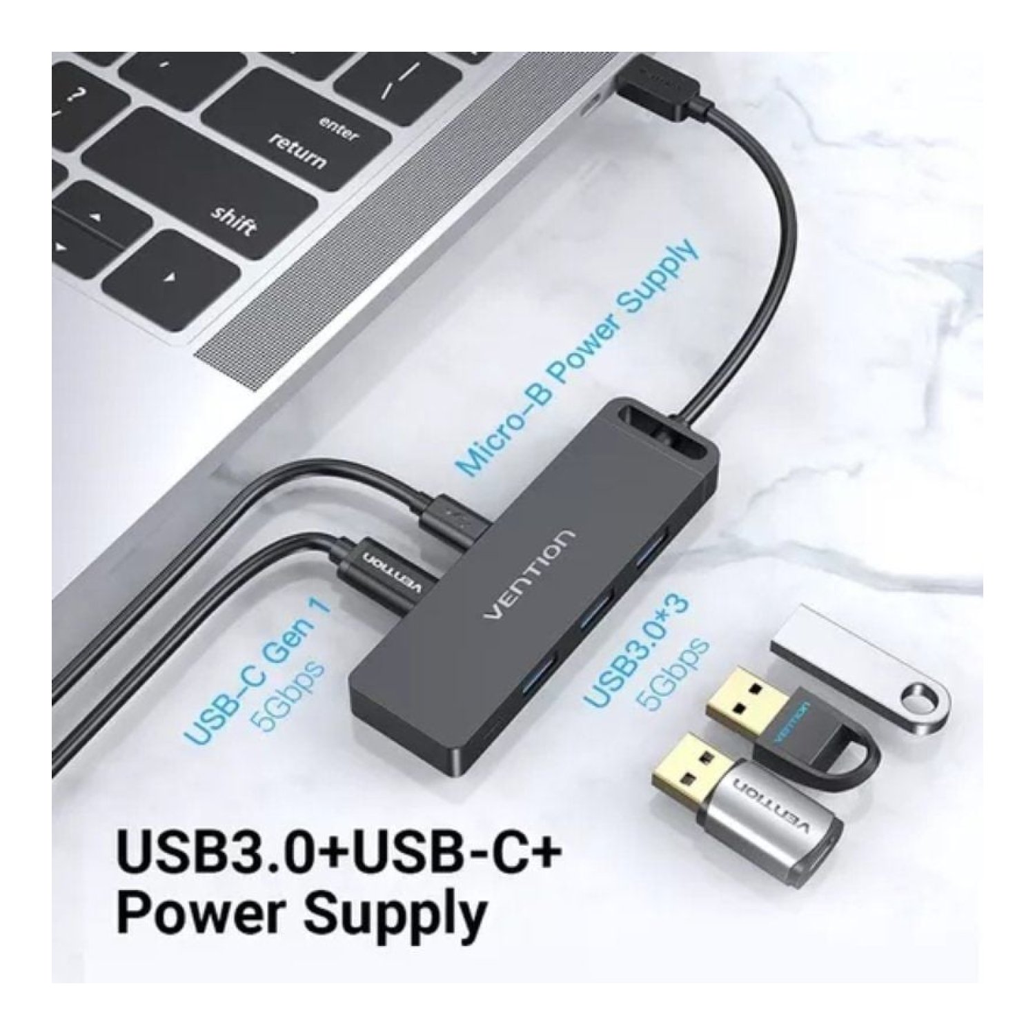 Vention Hub USB Tipo-C · 3x USB · 1x USB-C · 1x MicroUSB · PD