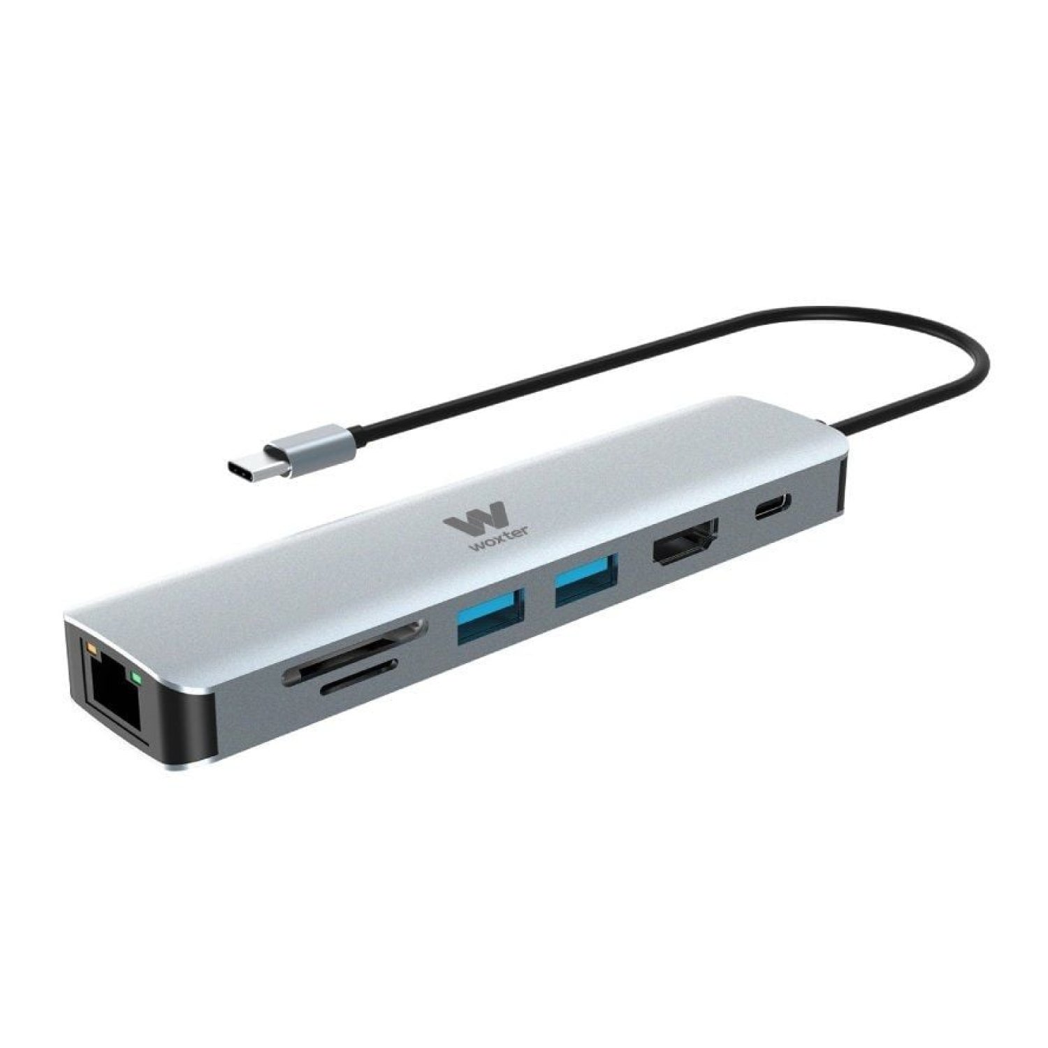 Woxter PE26-181 · Docking USB Tipo-C · 1xHDMI 4K · 2xUSB · RJ45 · Lector de Tarjetas · Gris