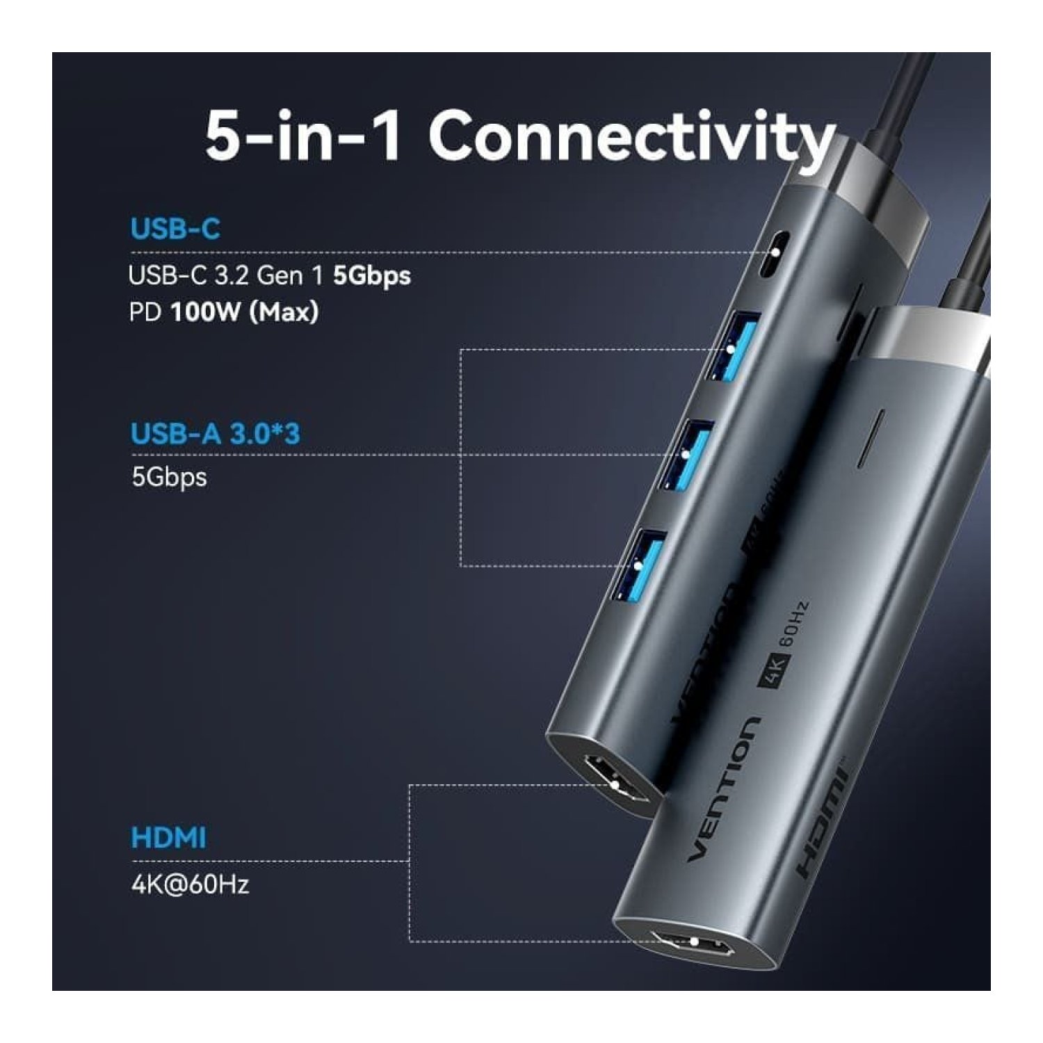 Vention Docking USB Tipo-C · 3xUSB · HDMI 4K · USB-C PD · Gris