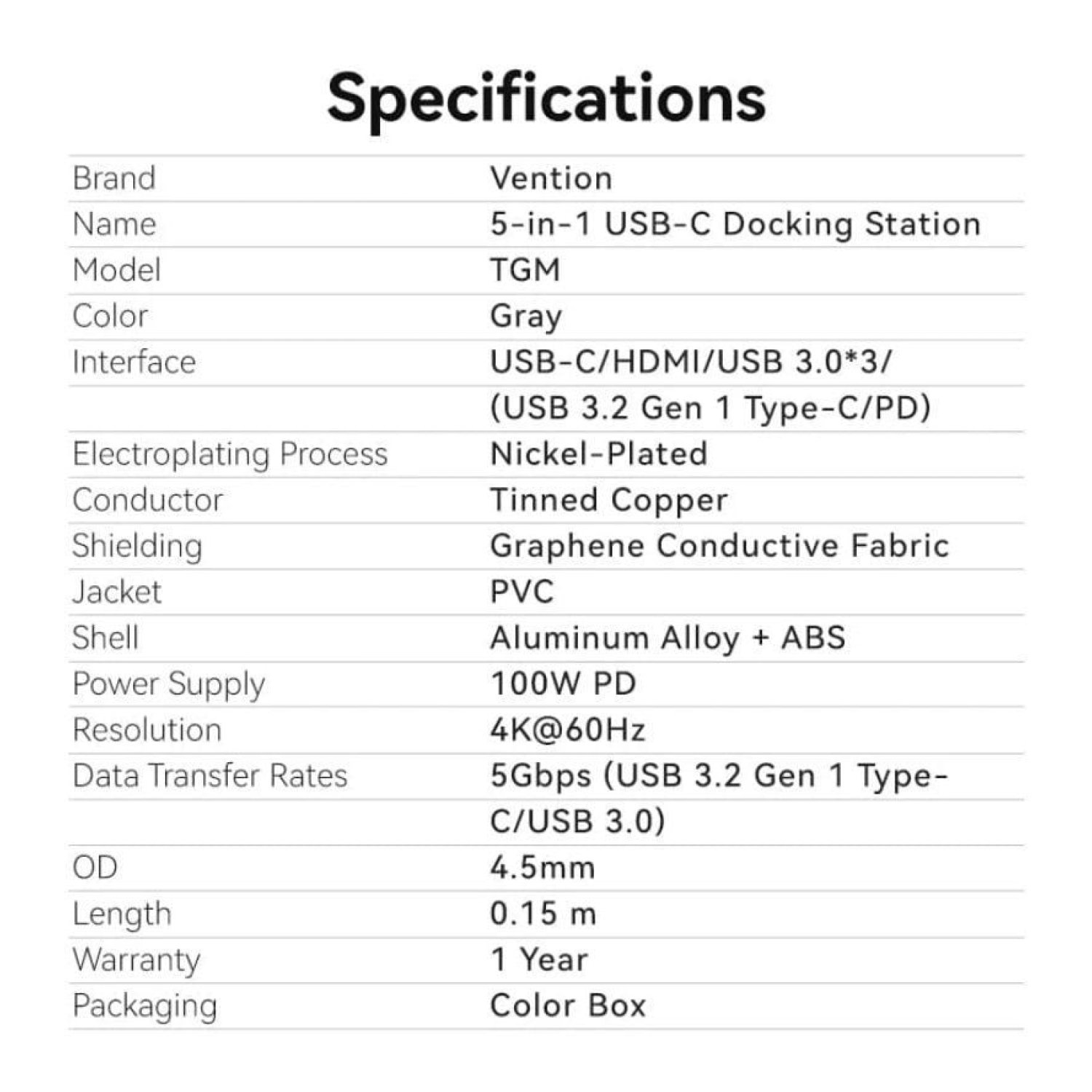 Vention Docking USB Tipo-C · 3xUSB · HDMI 4K · USB-C PD · Gris