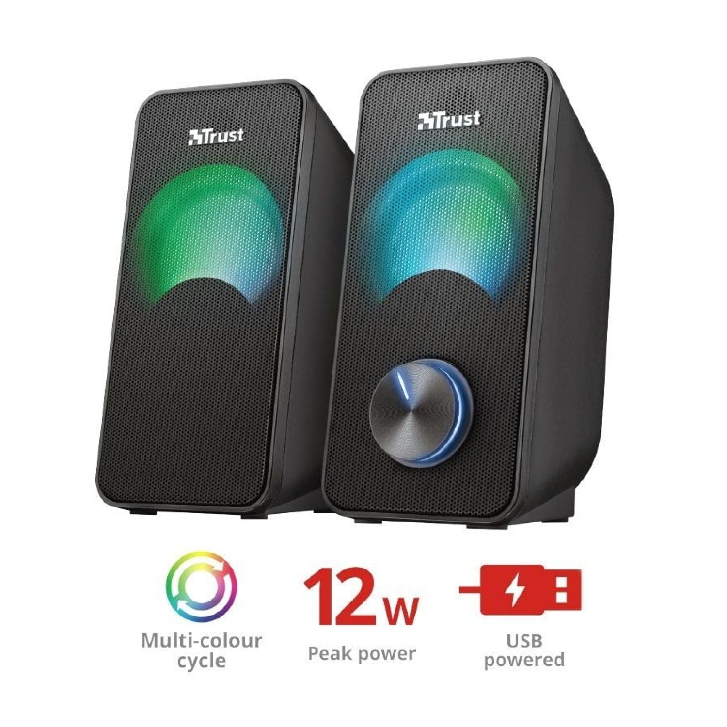 Trust Arys RGB · Altavoces 2.0 · 12W RMS · Iluminación RGB
