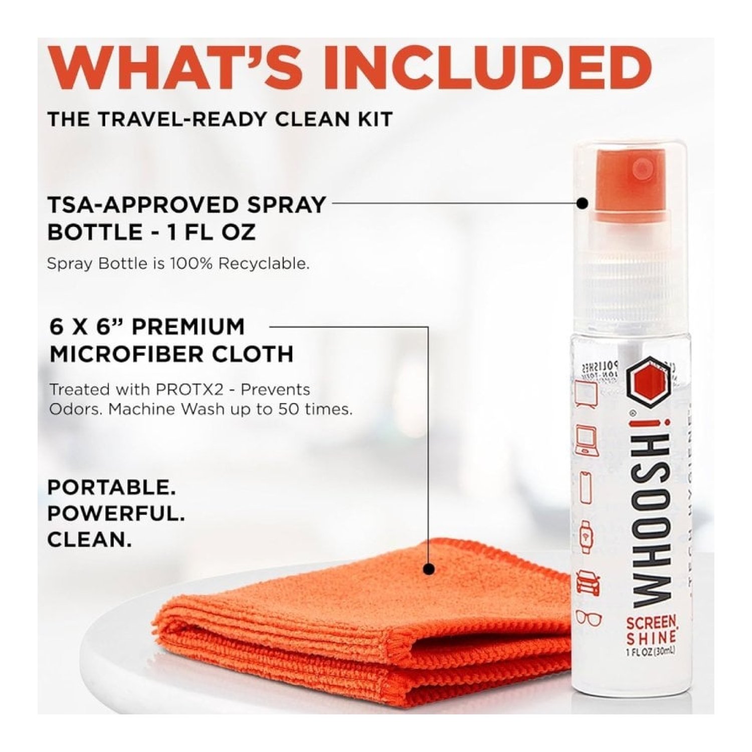 Whoosh Kit Go · Limpiador de Pantallas · Spray 30ml + Paño Microfibra
