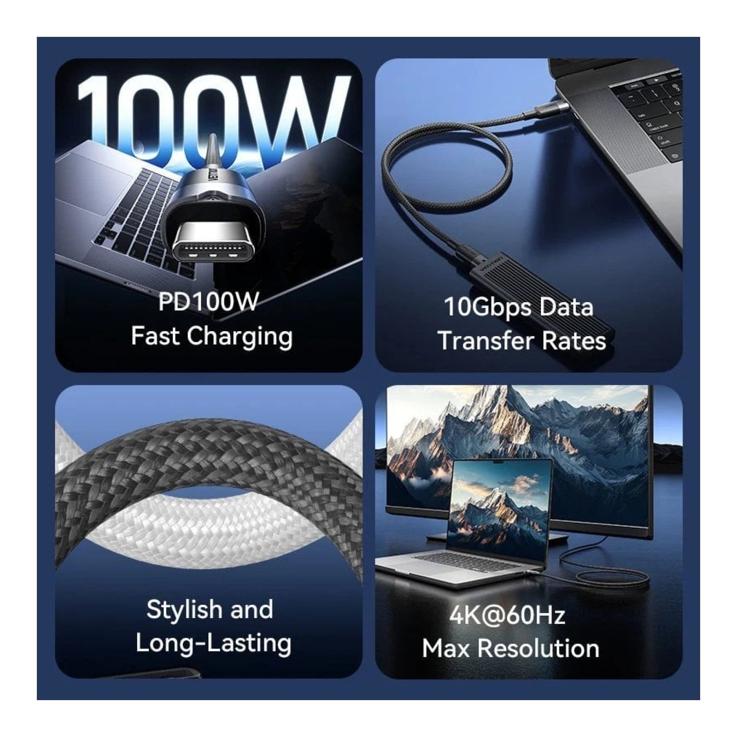 Cable USB 3.2 Tipo-C 5A Vention TRGWF/ USB Tipo-C Macho - USB Tipo-C Macho/ Hasta 100W/ 10Gbps/ 1m/ Blanco