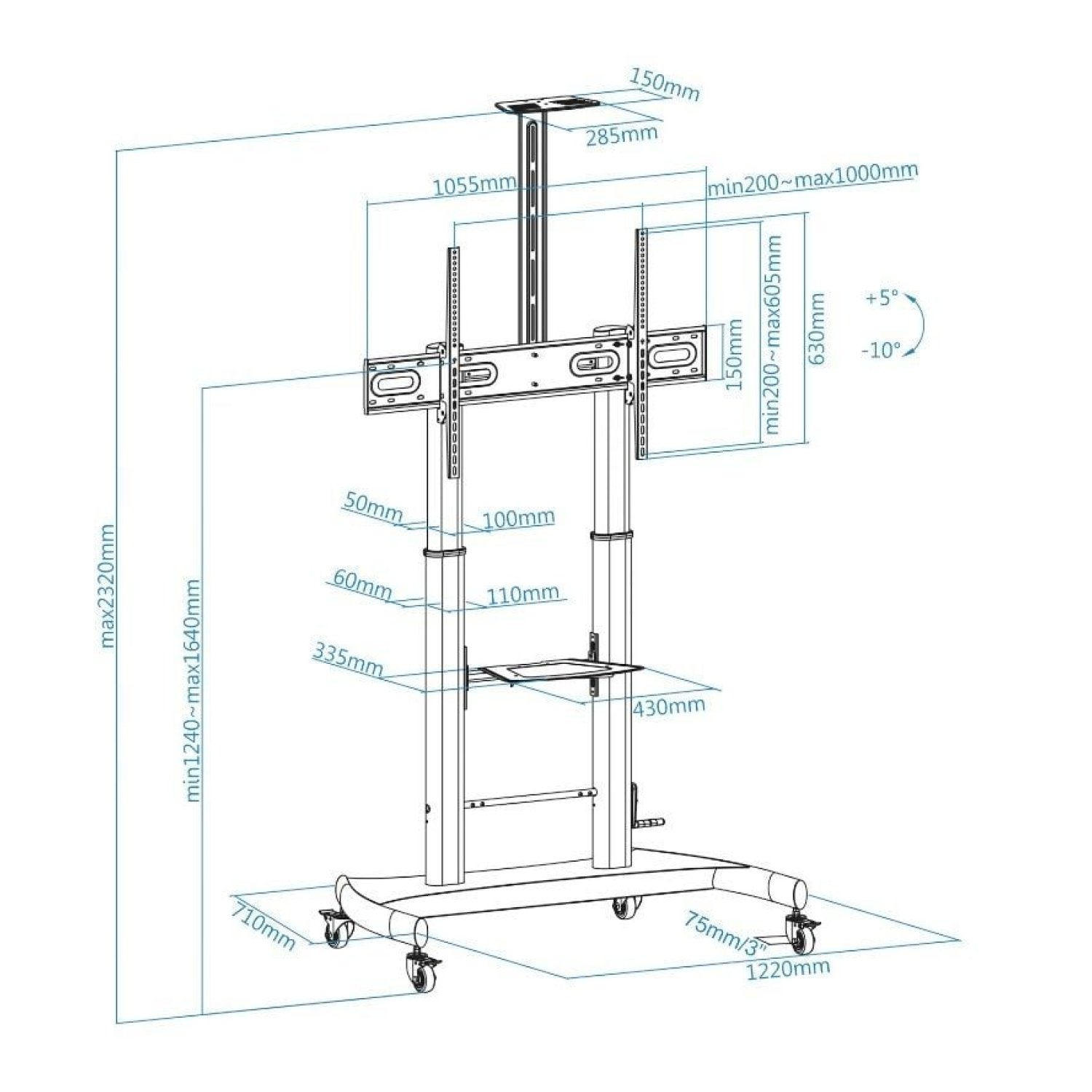 TooQ FS20404HM-B · Soporte de Suelo con Ruedas · 60-100" · Inclinable · Hasta 100kg