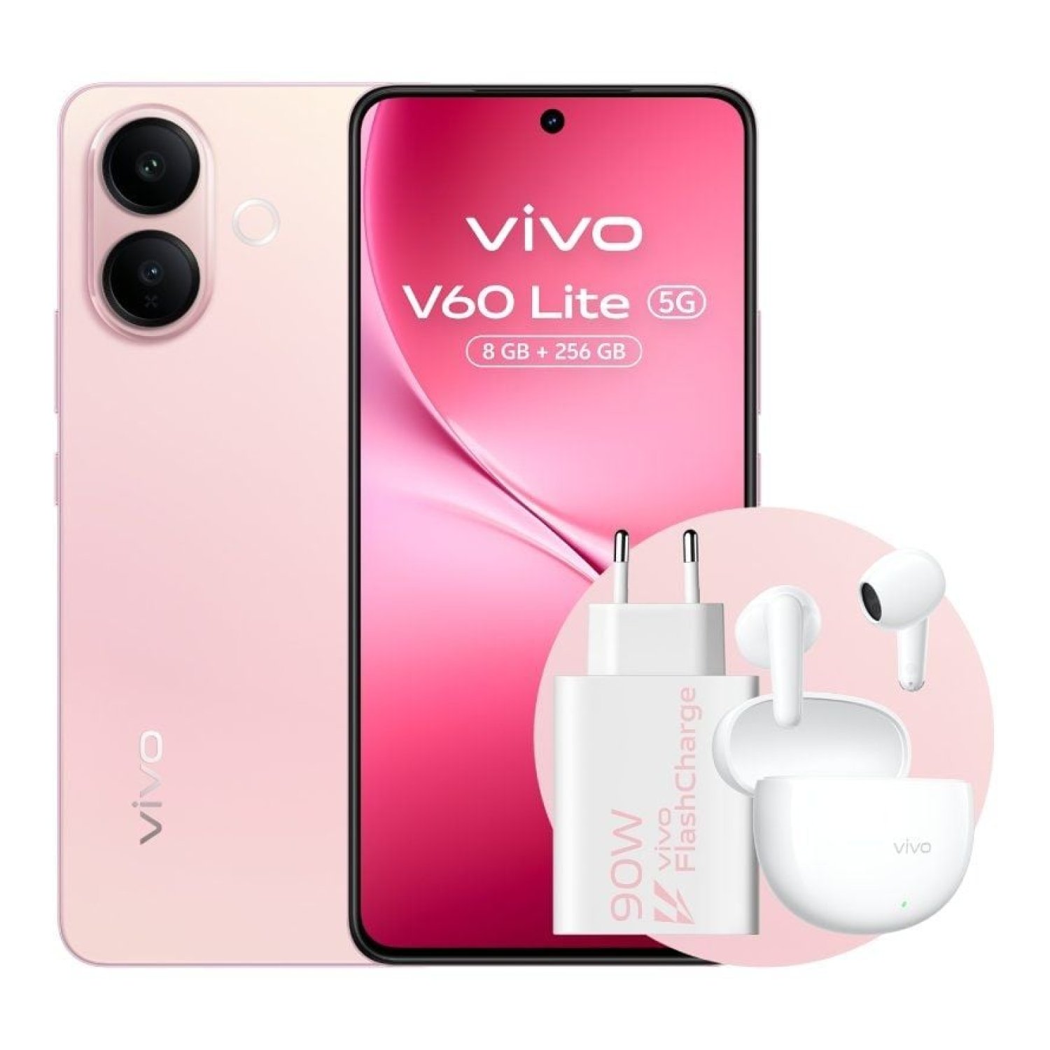 Vivo V60 Lite · 6,77" · 8GB RAM · 256GB · 5G · Rosa · Cargador 90W + Buds