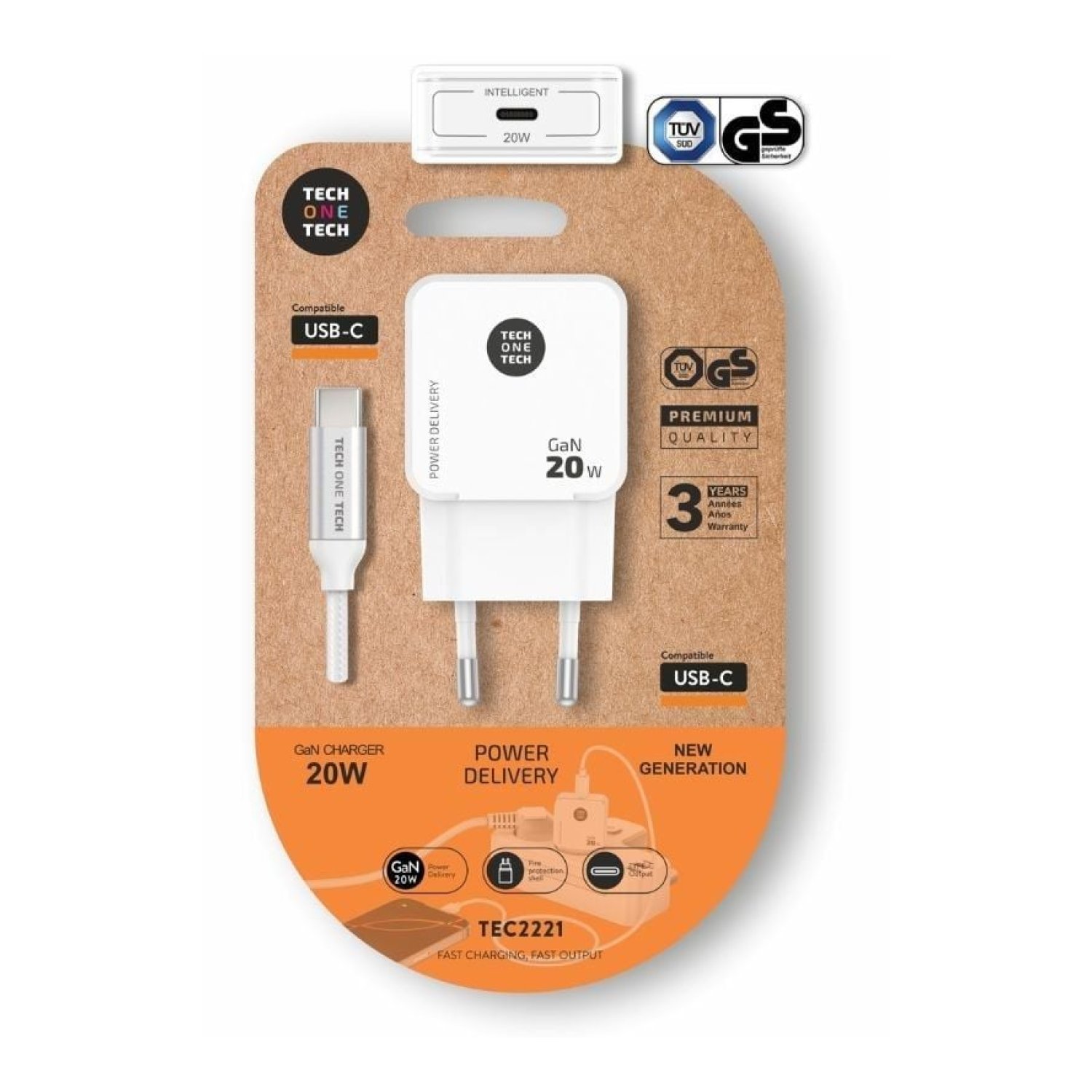 Tech One Tech Cargador Pared · USB-C 20W · Cable incluido · Blanco